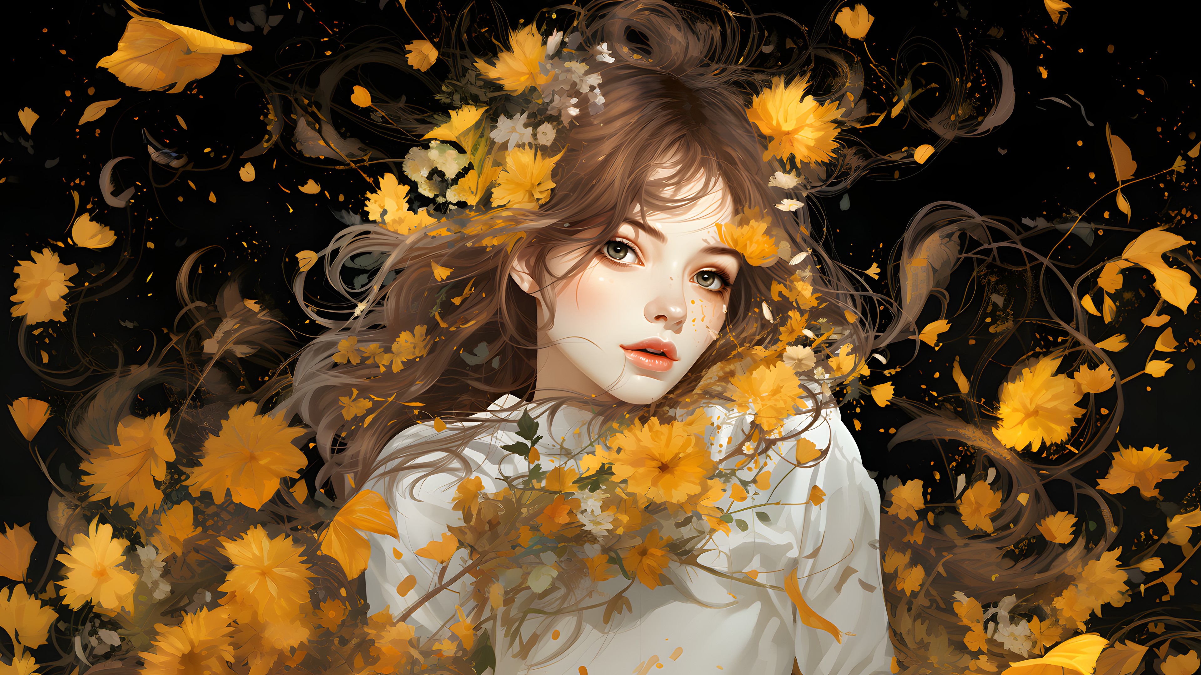 Flower, Plant, Hairstyle, People in nature, Petal, Yellow, Art, Happy, Painting, Cg artwork, Tree, Paint, Beauty, Long hair, Flowering plant, Floral design, Floristry, Flower Arranging, Visual arts, Illustration