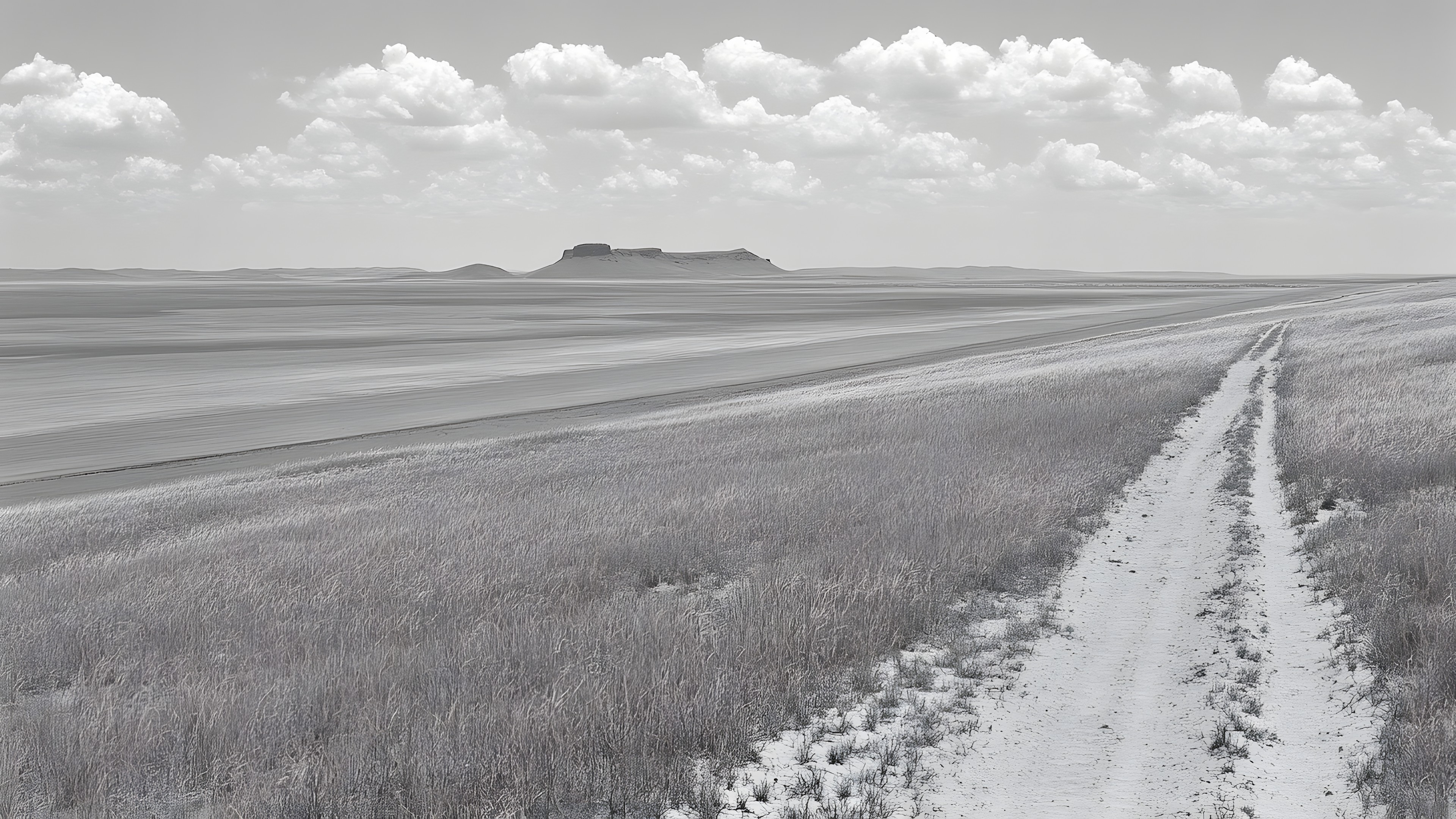 Horizon, Monochrome photography, Cloud, Ecoregion, Plain, Grassland, Steppe, Field, Monochrome, Black and white, Prairie, Agriculture, Badlands, Sand, Wind, Shrubland, Meteorological phenomenon, Tundra, Cumulus, Dirt road