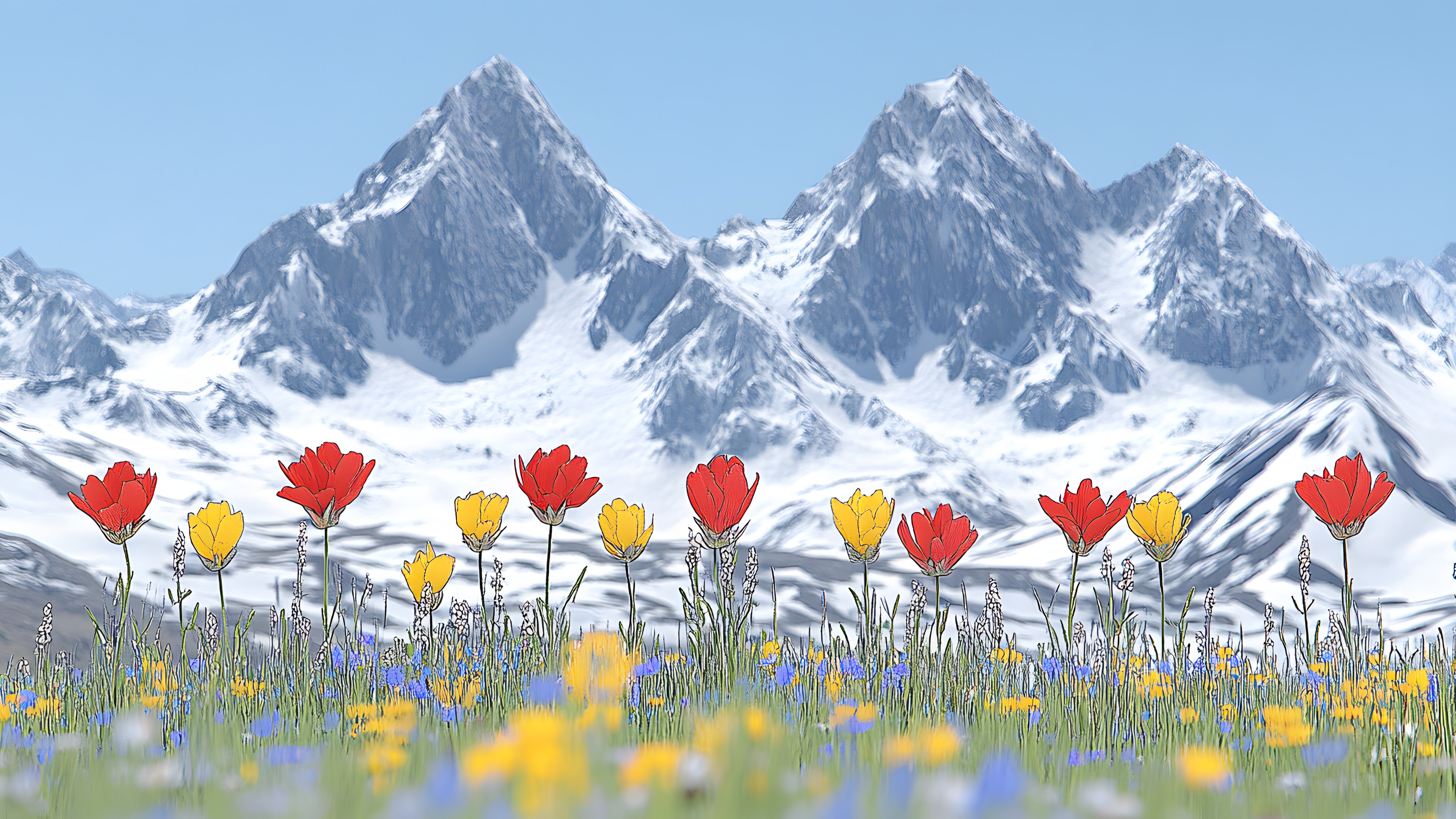 Blue, Mountainous landforms, Mountain, Flower, Mountain range, Hill, Highland, Landscape, Ridge, Ecoregion, Glacial landform, Grassland, Meadow, Summit, Hill station, Alps, Valley, Glacier, Wildflower, Snow
