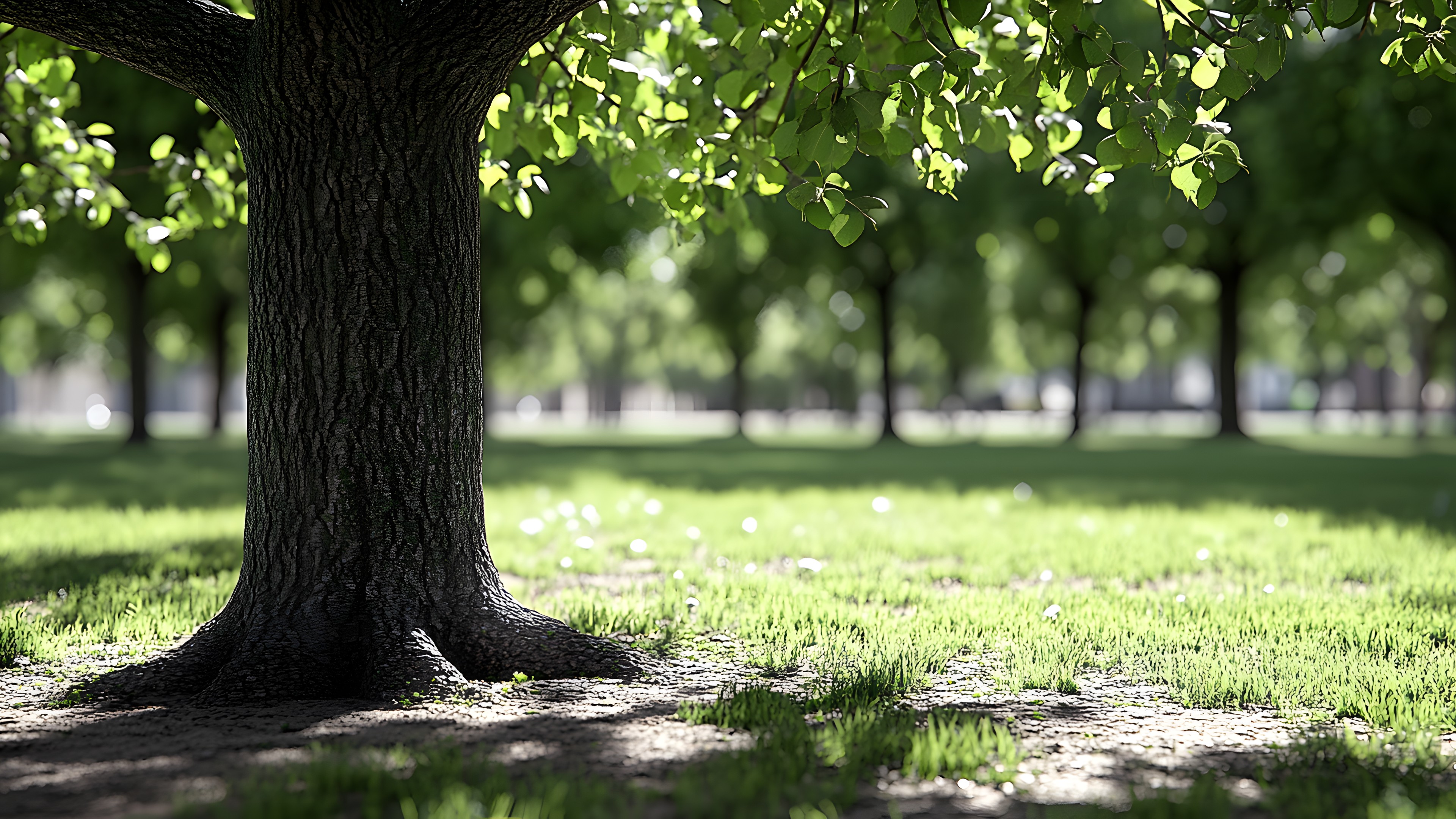 Grass, Leaf, Branch, Green, Nature, Trunk, Groundcover, Spring, Lawn, Shade, Twig, Woody plant, Sunlight, Park, Woodland, Grove, Shadow