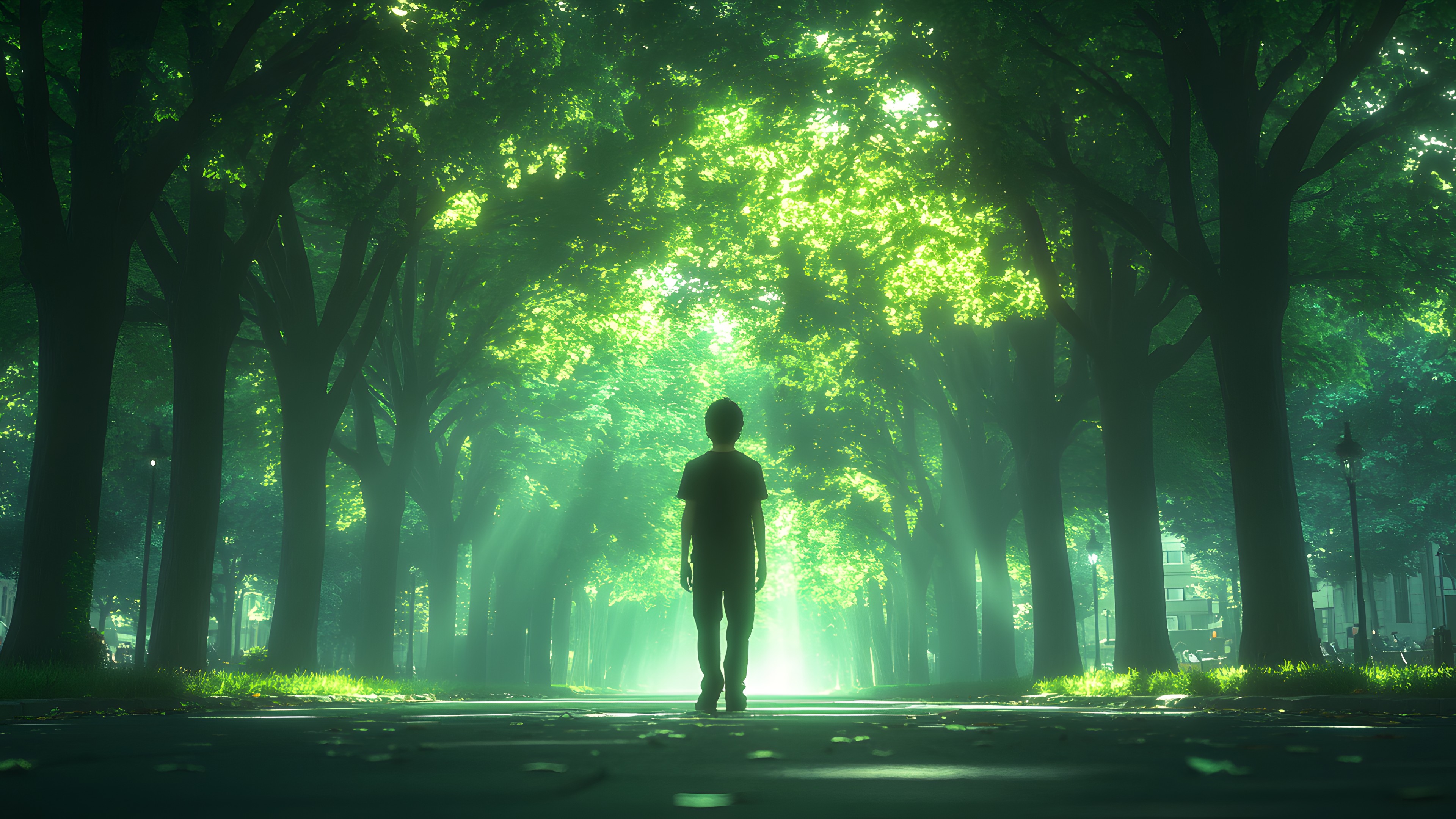 Nature, atmospheric phenomenon, Forest, People in nature, Sunlight, Backlighting, Lens flare, Old-growth forest, Jungle, Woodland, Animation, Walking, Mist