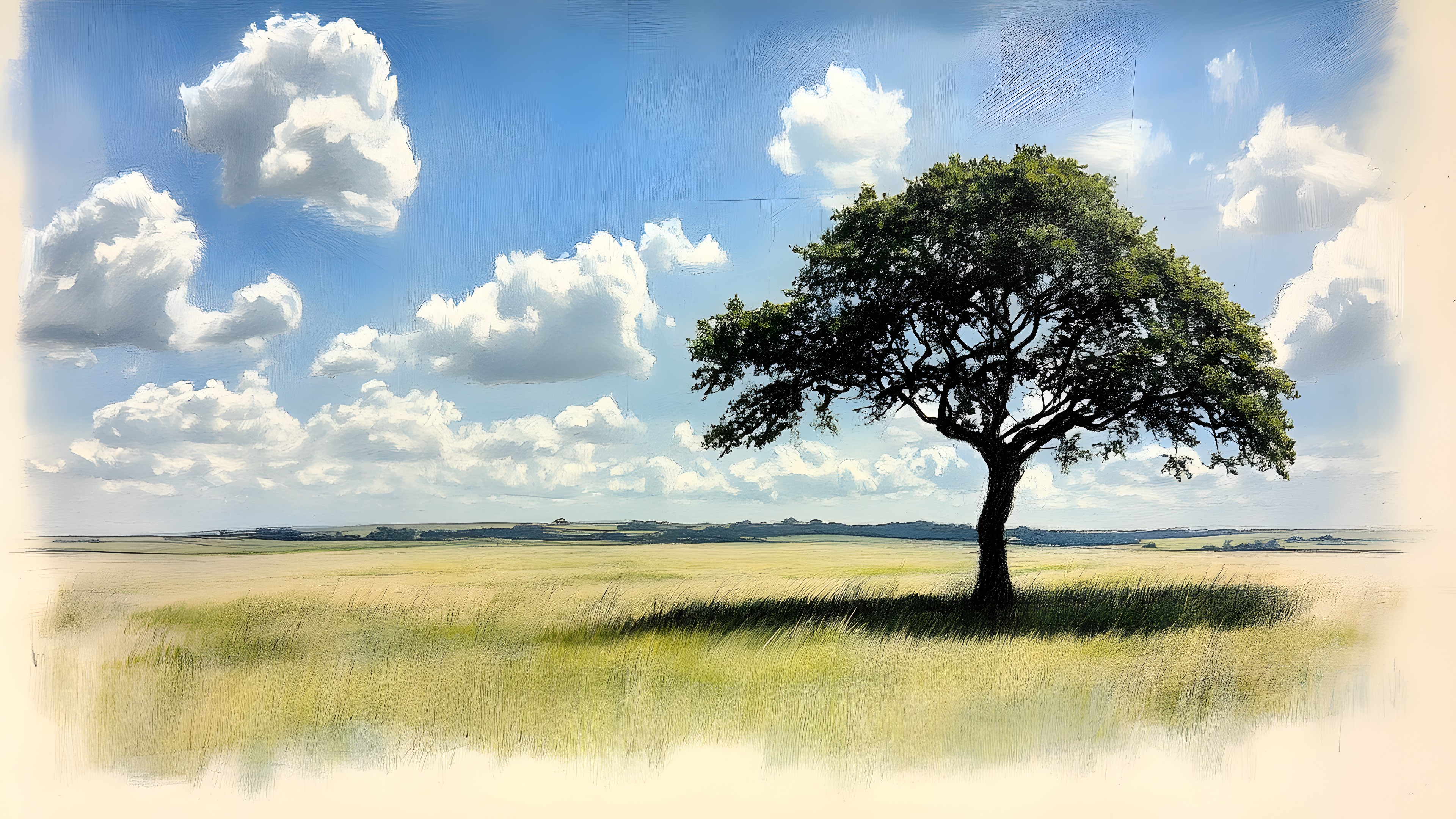 Cloud, Nature, Natural landscape, Grassland, Ecoregion, Plain, Landscape, Cumulus, Savanna, Prairie, Rural area, Meadow, Woody plant, Field, Morning, Steppe, Meteorological phenomenon, Pasture, Wind, Watercolor painting