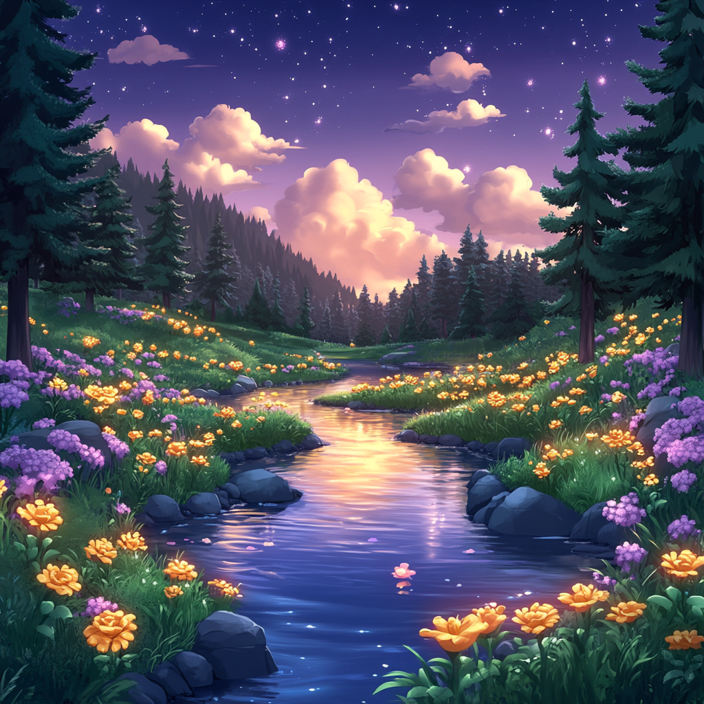 Natural landscape, Nature, Stream, Mountain river, Forest, Garden, River, Fluvial landforms of streams, Pond, Reflection, Wetland, Spring, Astronomical object, Sunrise, Riparian zone, Loch, Animation, Wildflower, Evening, Creek