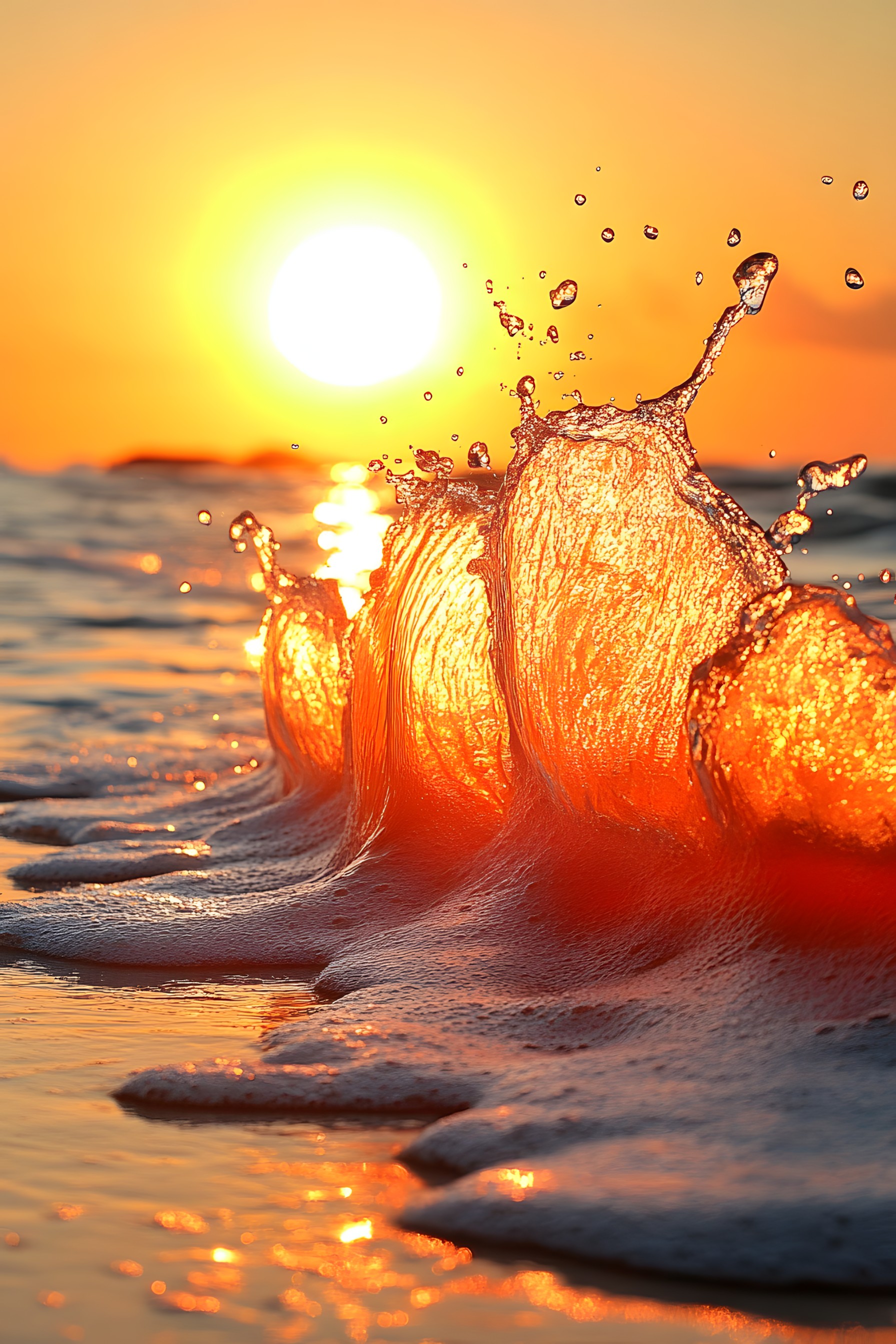 Orange, Yellow, Fluid, Liquid, Sunrise, Sunset, Sun, Sunlight, Morning, Evening, Sea, Dusk, Reflection, Afterglow, Ocean, Red sky at morning, Wave, Heat, Macro photography, Wind wave