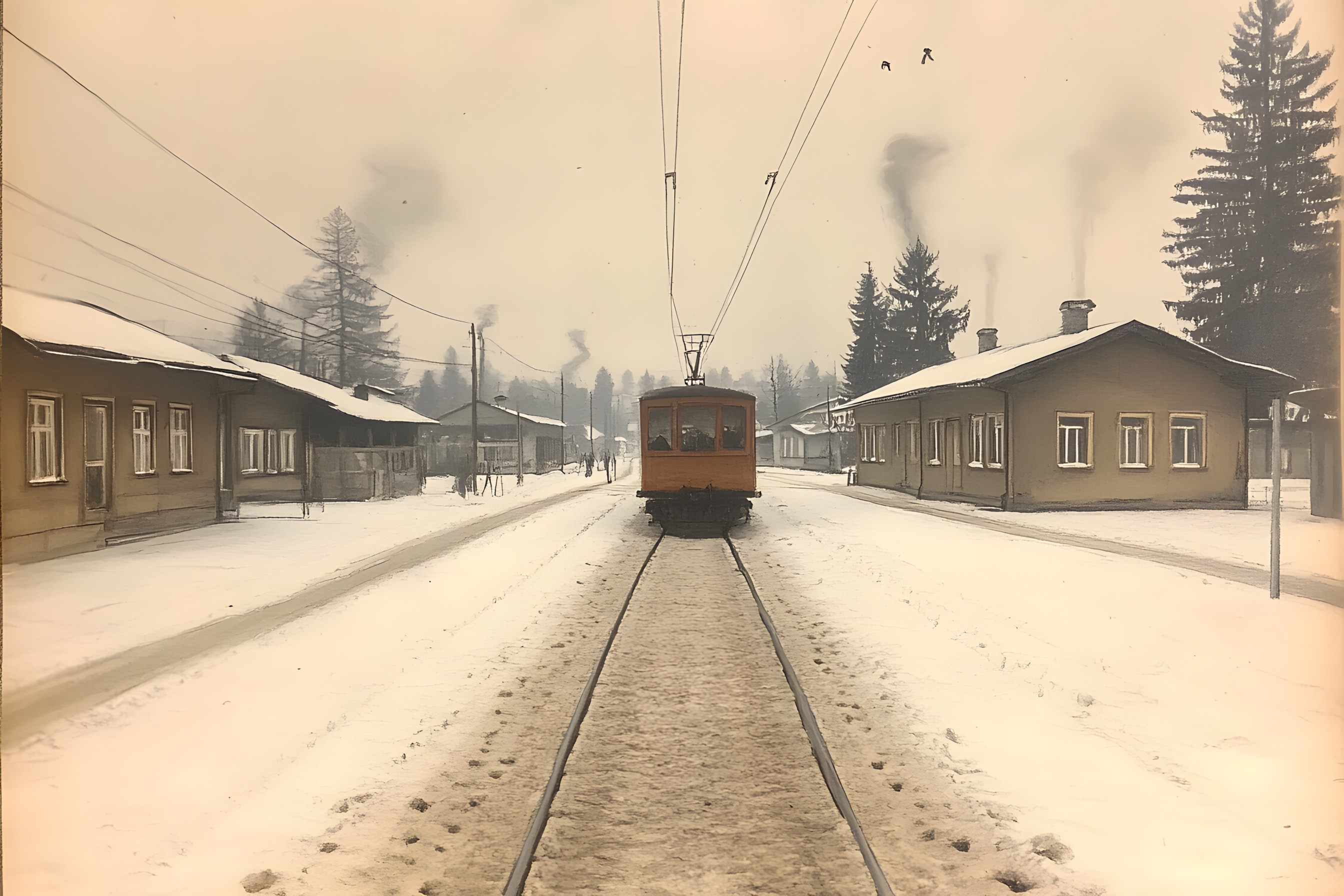 Snow, Winter, Electricity, Freezing, Track, Train, Rolling stock, Overhead power line, Precipitation, Rail transport, Public transport, Public utility, Electrical Supply, Electrical network, Passenger car, Railroad car, Winter storm, Train station, Wire, Conifers