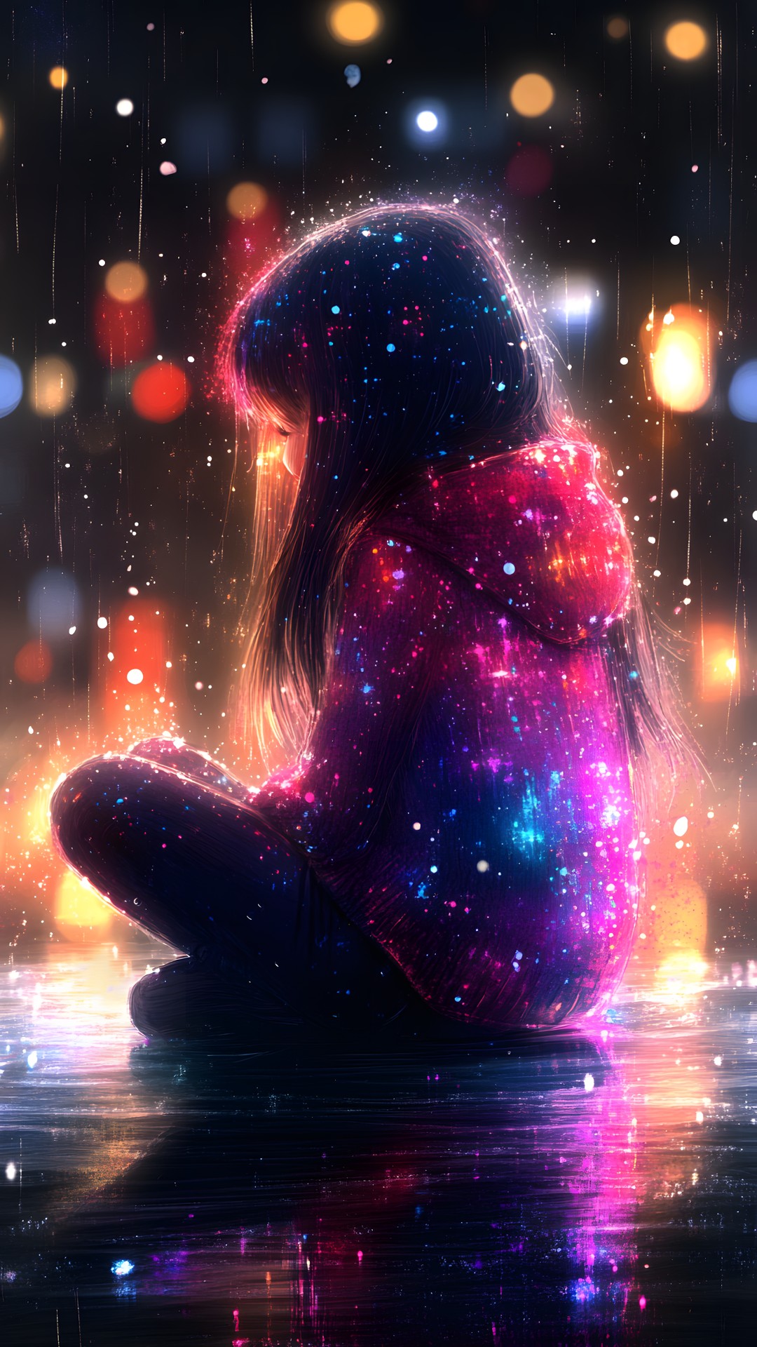 Star, CG artwork, Astronomical object, Long hair, Love, Lens flare, Universe, Night, Graphics, Precipitation