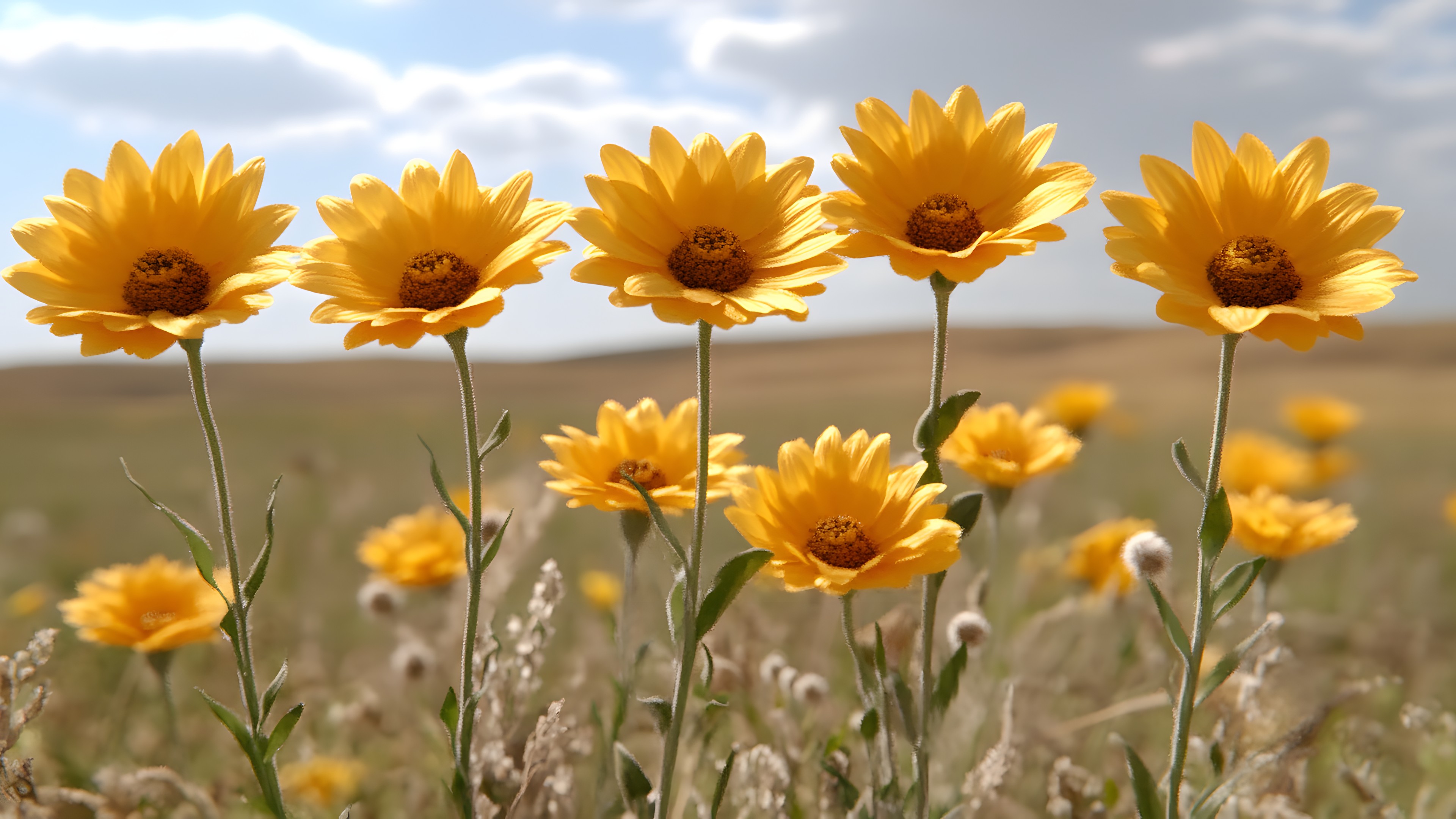 Flower, Petal, Yellow, Plants, Close-up, Flowering plant, Spring, Pollen, Wildflower, Common sunflower, Herbaceous plant, Field, Plant stem, Daisy family, Forb, Macro photography, Pedicel, Sunflowers, Asterales