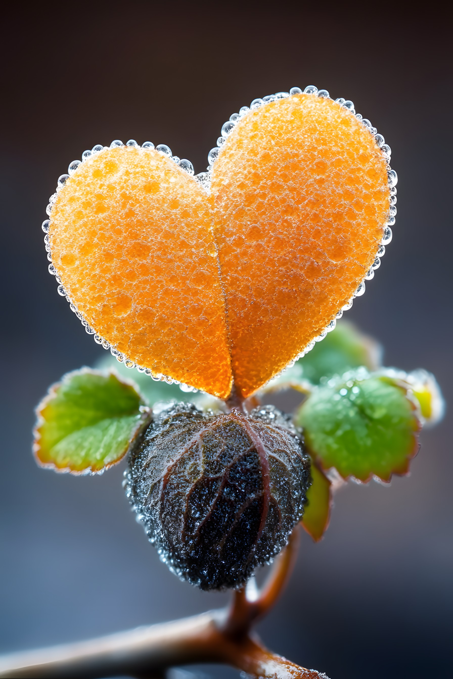 Yellow, Frost, Close-up, Orange, Macro photography, Moisture, Drop, Dew, Heart, Precipitation, Winter, Freezing, Still life photography