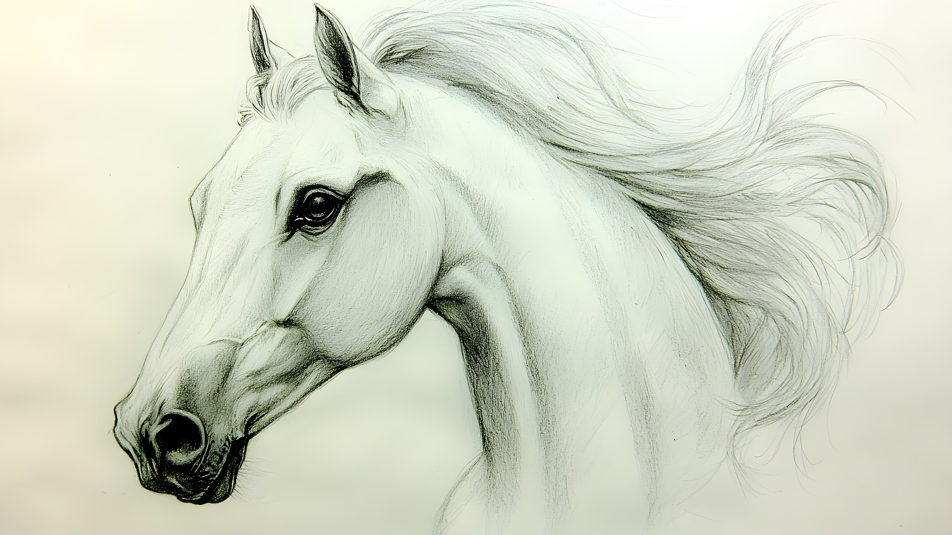 White, Horse, Drawing, Line art, Mustang, Snout, Sketch, Mane, Mare, Stallion, Paint, Working animal, Pack animal, Livestock