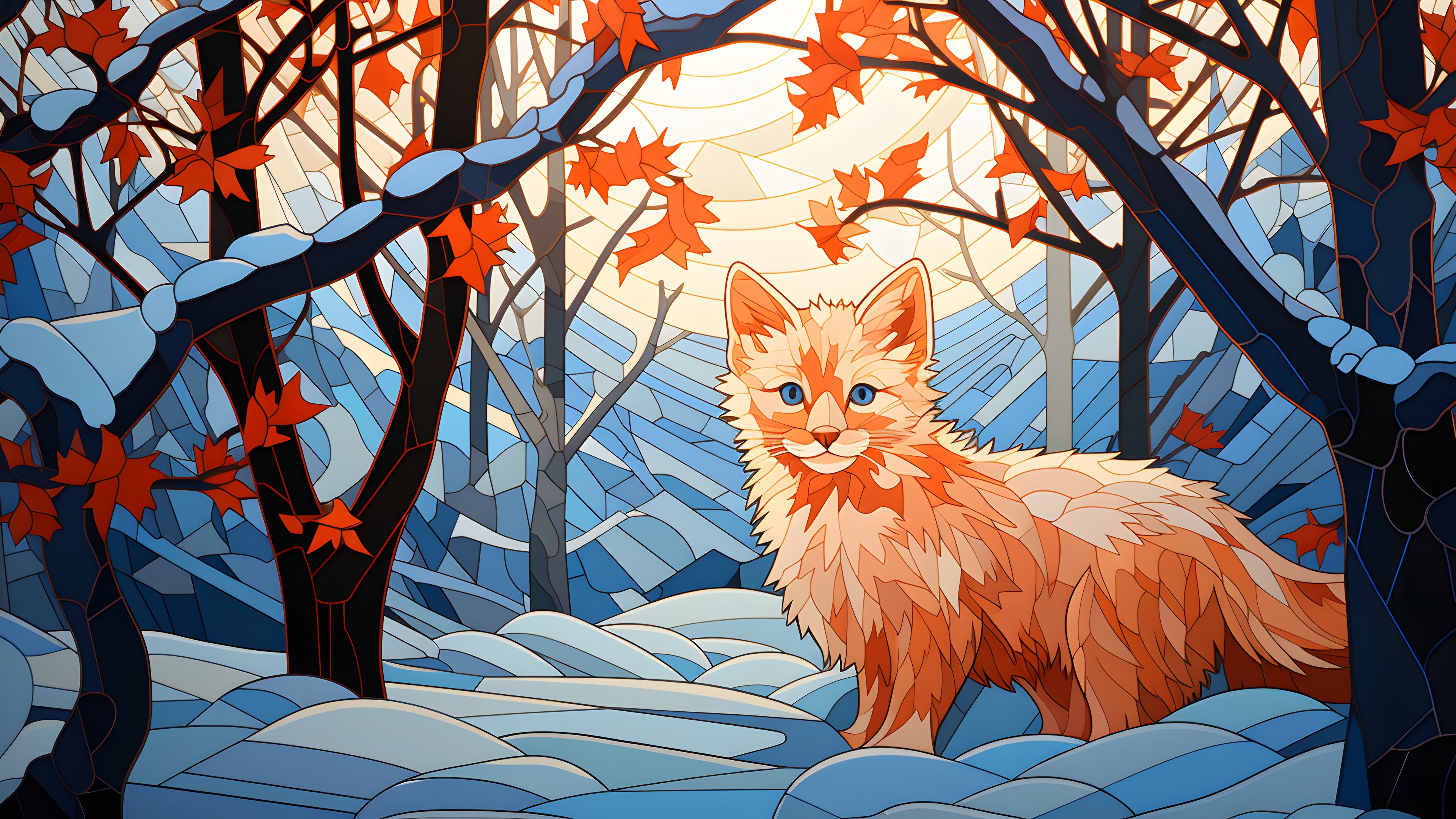 Cat, Plant, Orange, Felidae, Branch, Carnivore, Organism, Line, Trunk, Fawn, People in nature, Whiskers, Art, Twig, Tree, Small to medium-sized cats, Painting, Tints and shades, Deciduous, Illustration