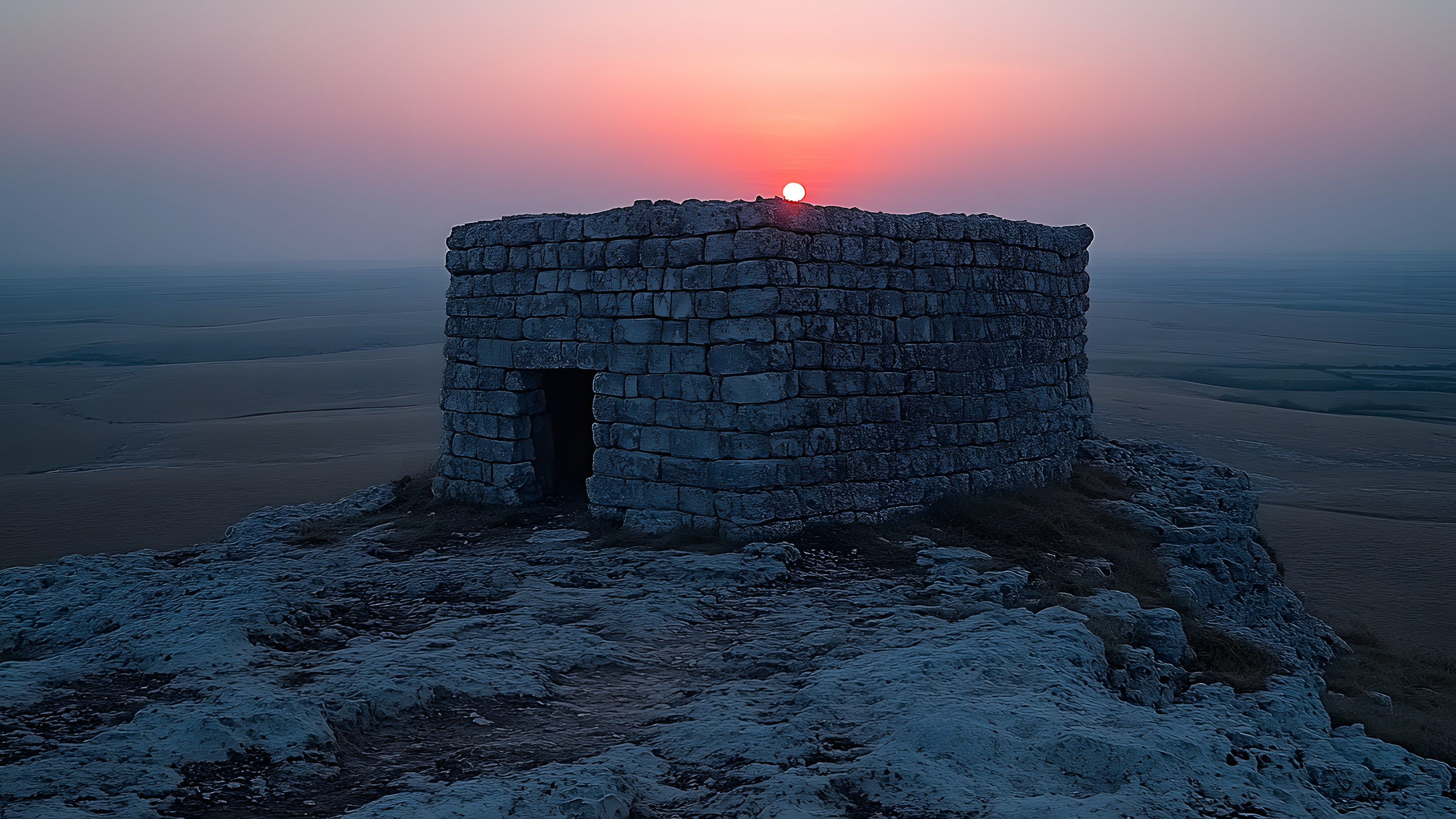 Sky, Horizon, Rock, Landscape, Dusk, atmospheric phenomenon, Sunrise, Sunset, Evening, Outcrop, Dawn, Astronomical object, Ruins, Red sky at morning, Badlands, Afterglow, Plateau, Archaeological site, Sun