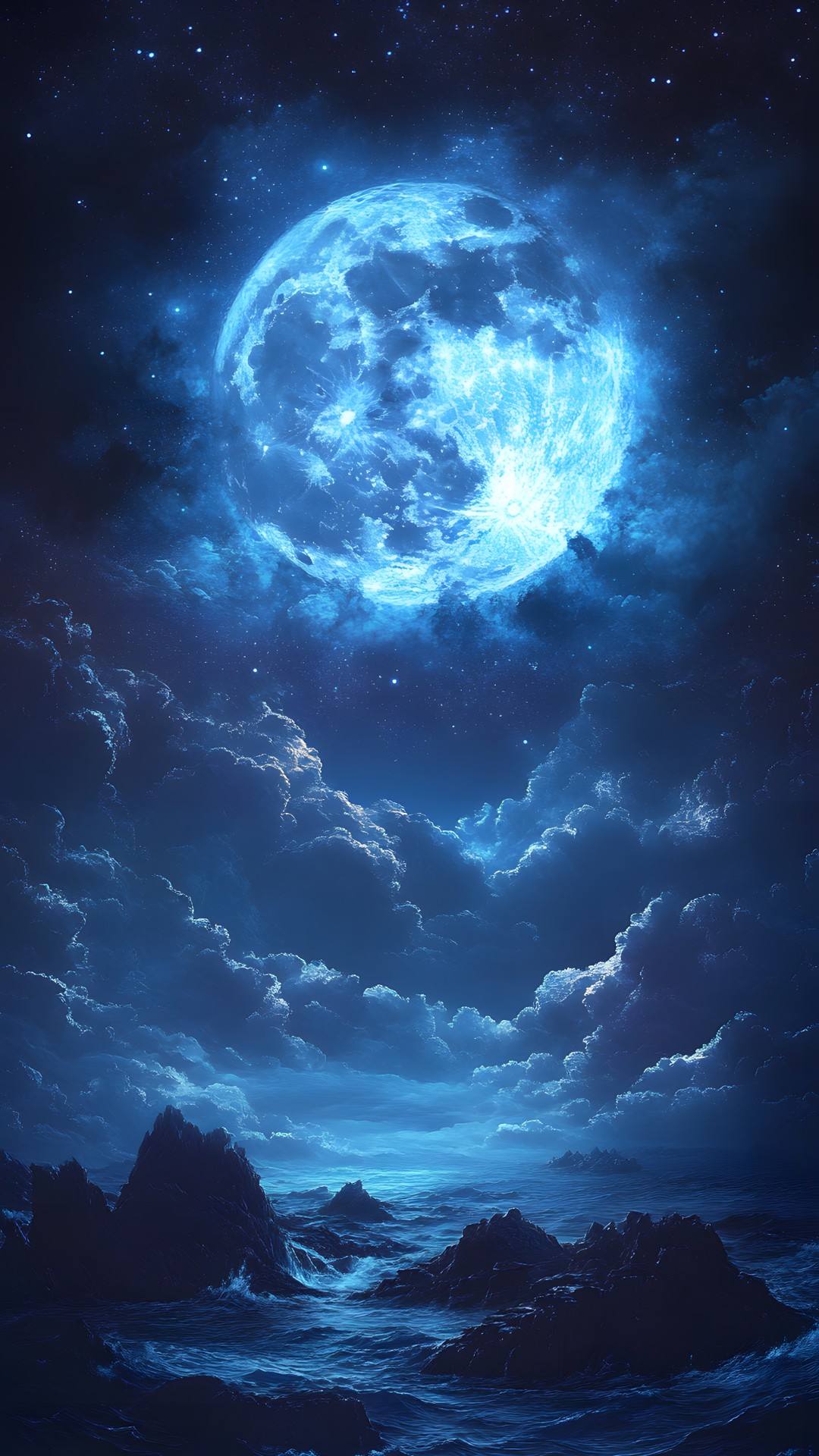 Atmosphere, World, Sky, Blue, Cloud, Water, Astronomical object, Natural landscape, Art, Atmospheric phenomenon, Painting, Midnight, Space, Star, Science, Electric blue, Calm, Darkness, Moonlight, Horizon