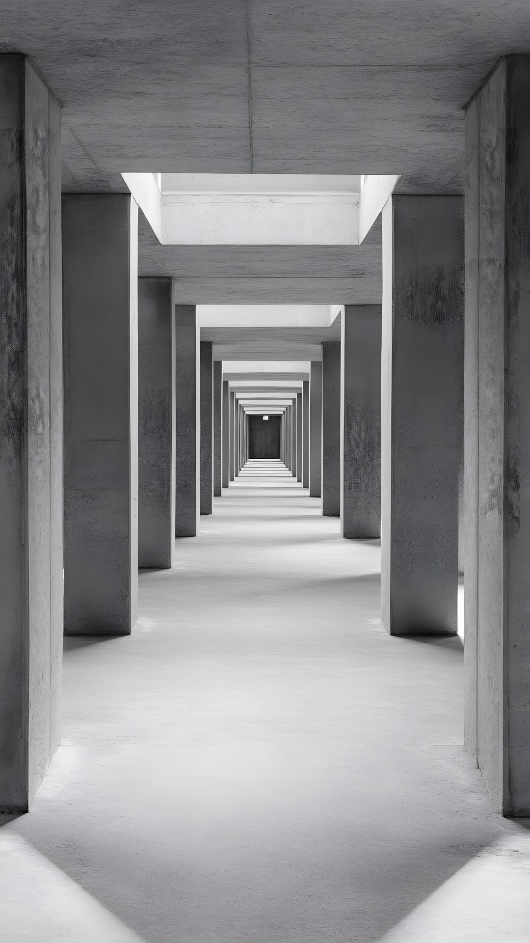 Photograph, White, Monochrome photography, Column, Floor, Concrete, Composite material, Monochrome, Black and white, Grey, Silver, Symmetry, Building material, Design, Still life photography, Daylighting, Shadow