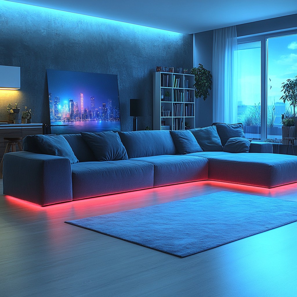 Lighting, Technology, Purple, Living room, Daybed, Couch, Neon, Design, Visual Effect Lighting, Light fixture, Electronics, Sofa bed