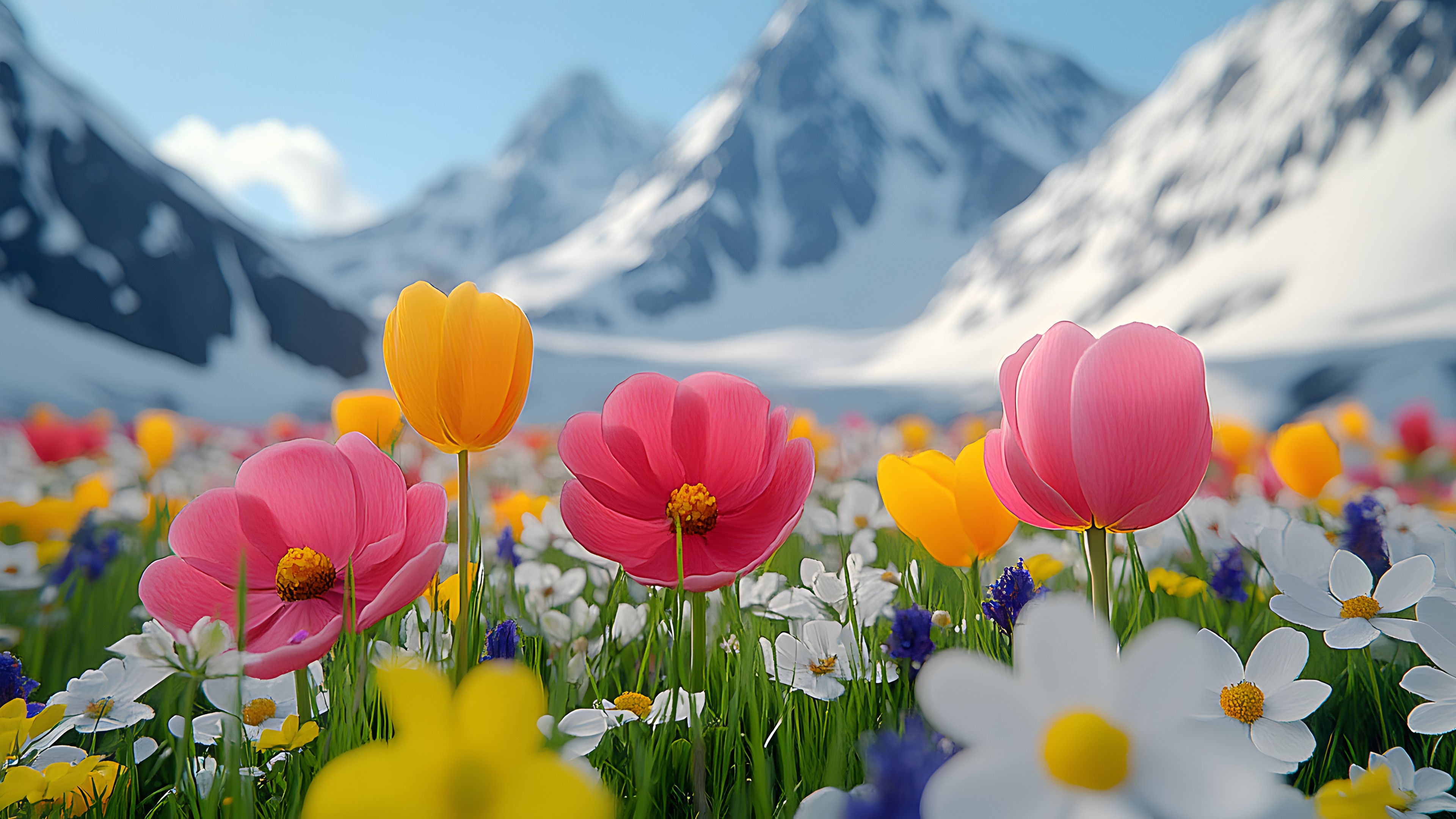Flower, Petal, Meadow, Mountain range, Spring, Flowering plant, Wildflower, Alps, Field, Herbaceous plant, Tulip, Ridge, Crocus, Summit, Pedicel, Glacial landform, Lilies