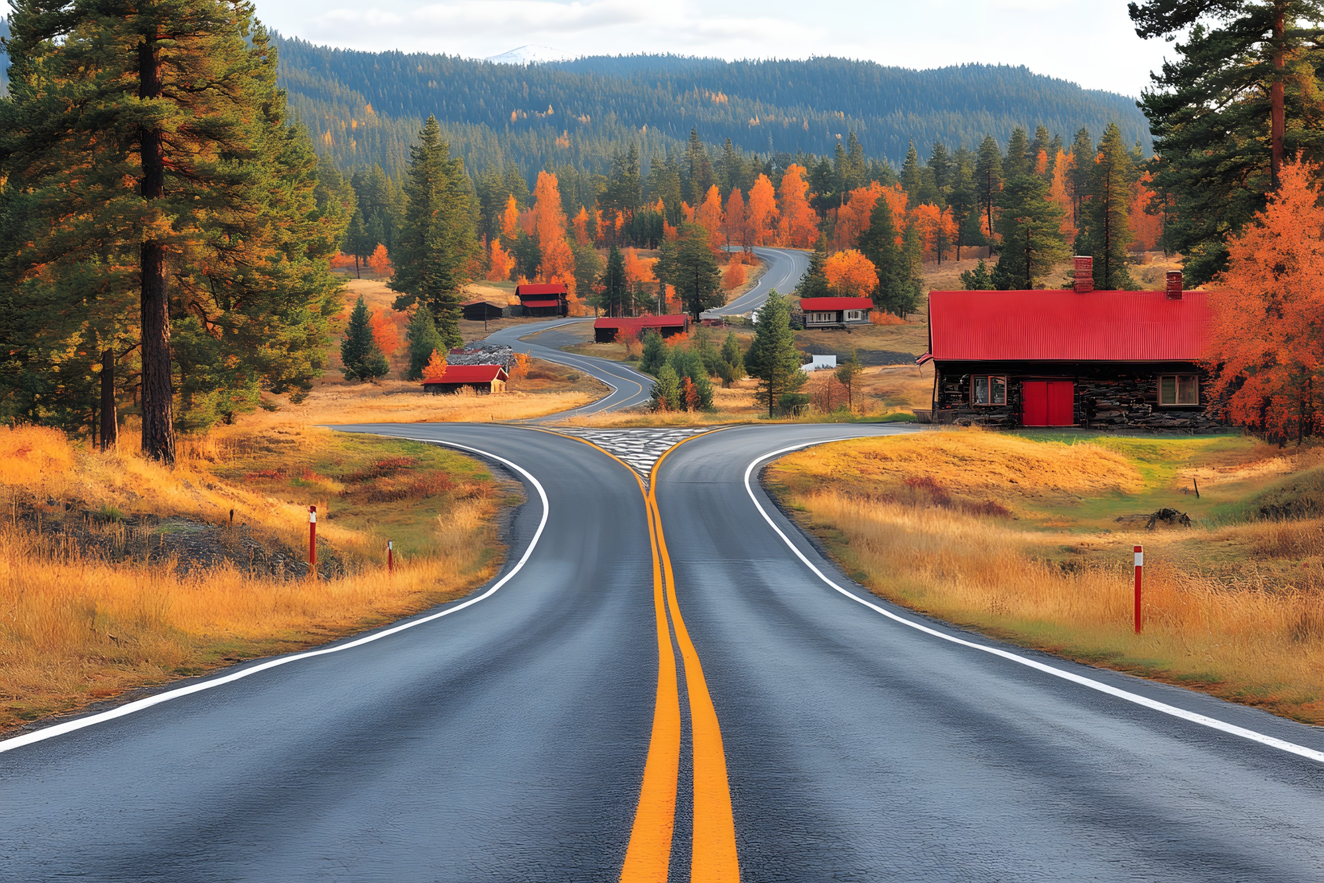 Tree, Nature, Plants, Road, Natural landscape, Landscape, Forest, Thoroughfare, Highway, Larch, Autumn, Valley, Conifers, Mountain pass, Pine family, Fir, Pine, Controlled-access highway, Temperate broadleaf and mixed forest