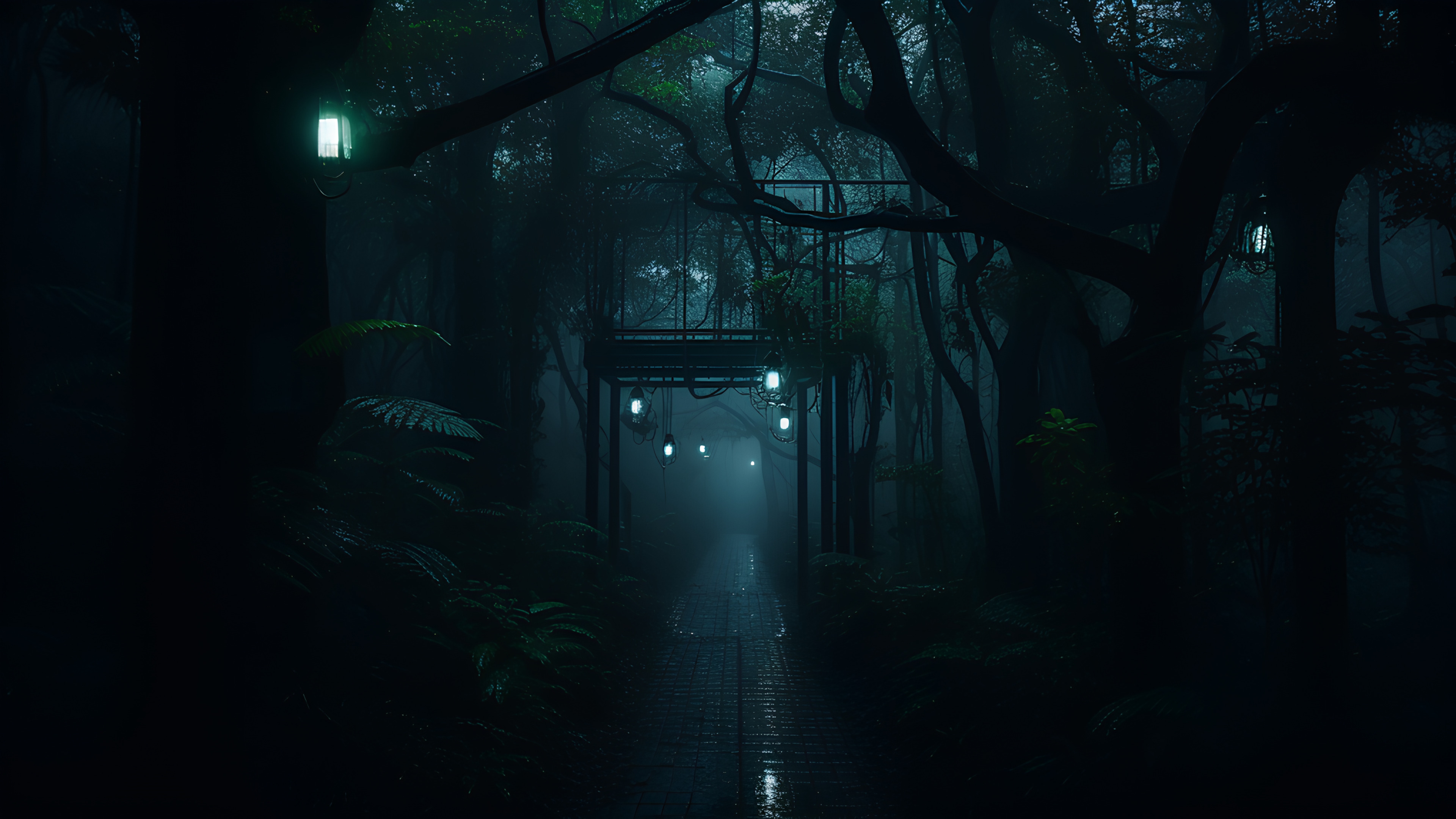 Atmosphere, Water, Plant, Automotive lighting, Tree, Atmospheric phenomenon, Street light, Trunk, Natural landscape, Wood, Road surface, Midnight, Tints and shades, Fog, Landscape, Mist, Road, Electric blue, Forest, Jungle