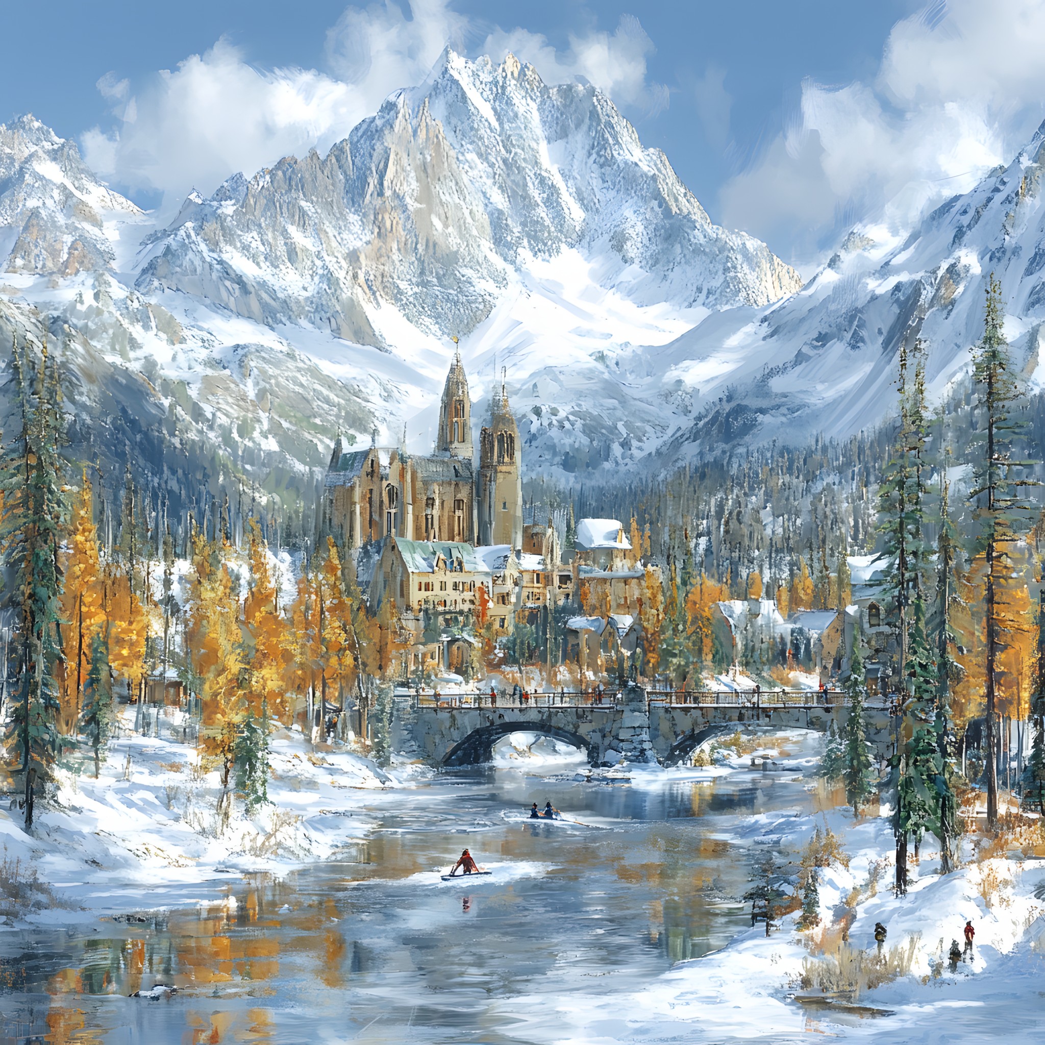 Mountainous landforms, Winter, Mountain, Snow, Mountain range, Frost, Valley, Alps, Watercolor painting, Freezing, Larch, Glacial landform, Mountain Village, Conifers, Paint, Steeple, Ice, Art Paint, Castle, Summit