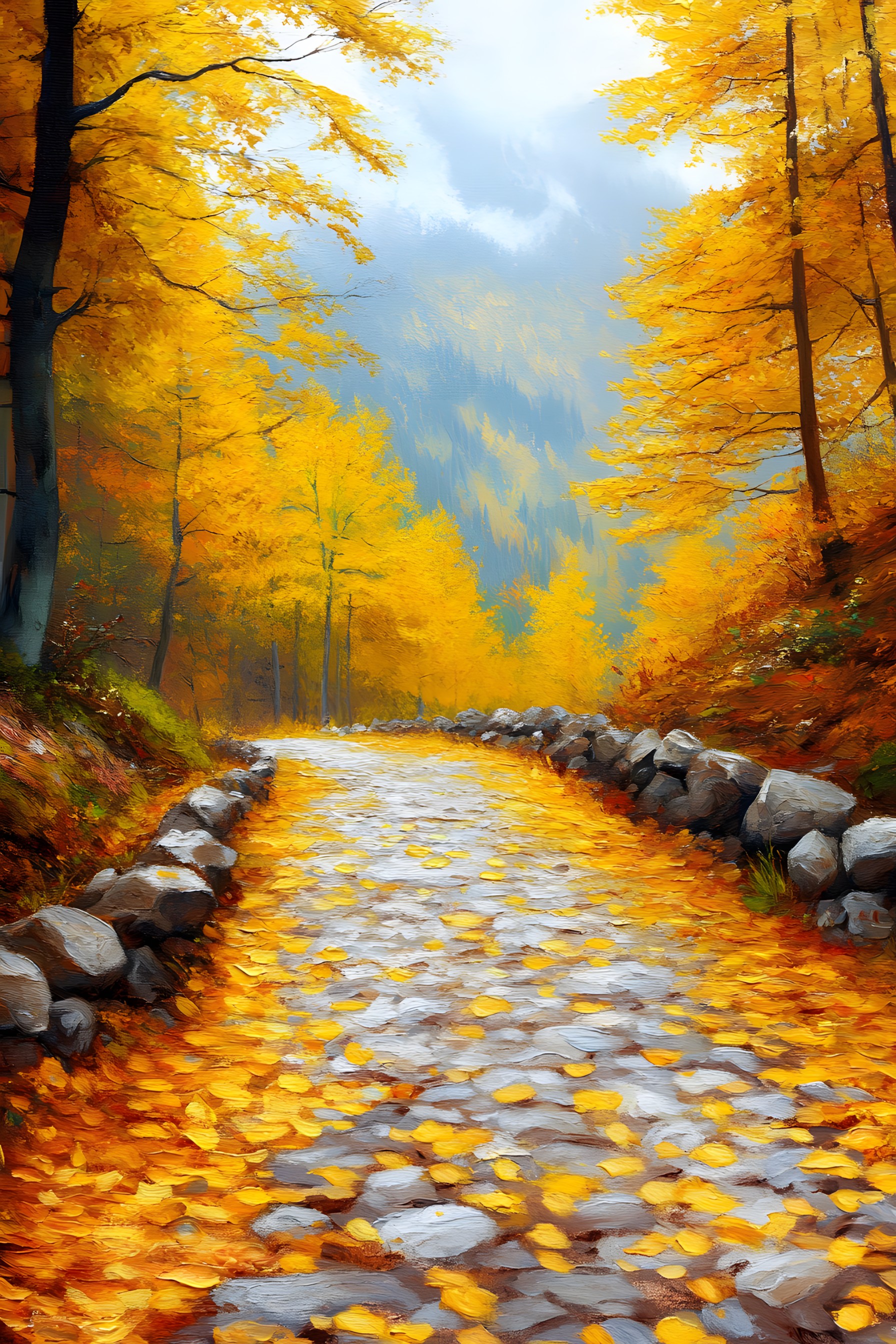 Yellow, Stream, Orange, Autumn, Woody plant, Fluvial landforms of streams, Watercolor painting, Mountain river, Woodland, Northern hardwood forest, Acrylic paint, Trail, Paint, Temperate broadleaf and mixed forest, Creek, Path, Stream bed