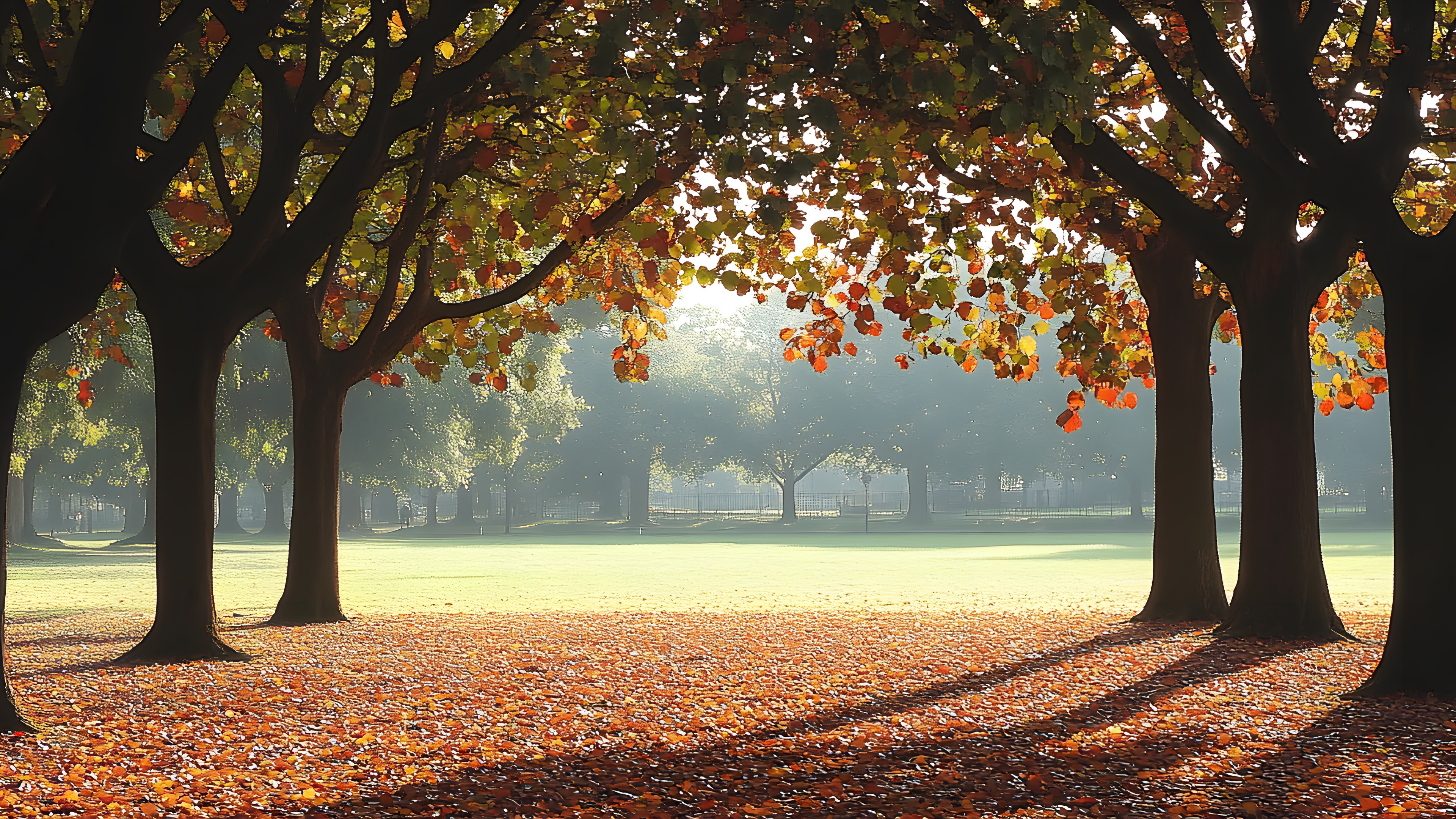 Leaf, Nature, Branch, Tree, Grass, Natural environment, Yellow, Orange, Landscape, Brown, Autumn, Trunk, Twig, Plain, Sunlight, Morning, Woody plant, Grove, Shade, Woodland