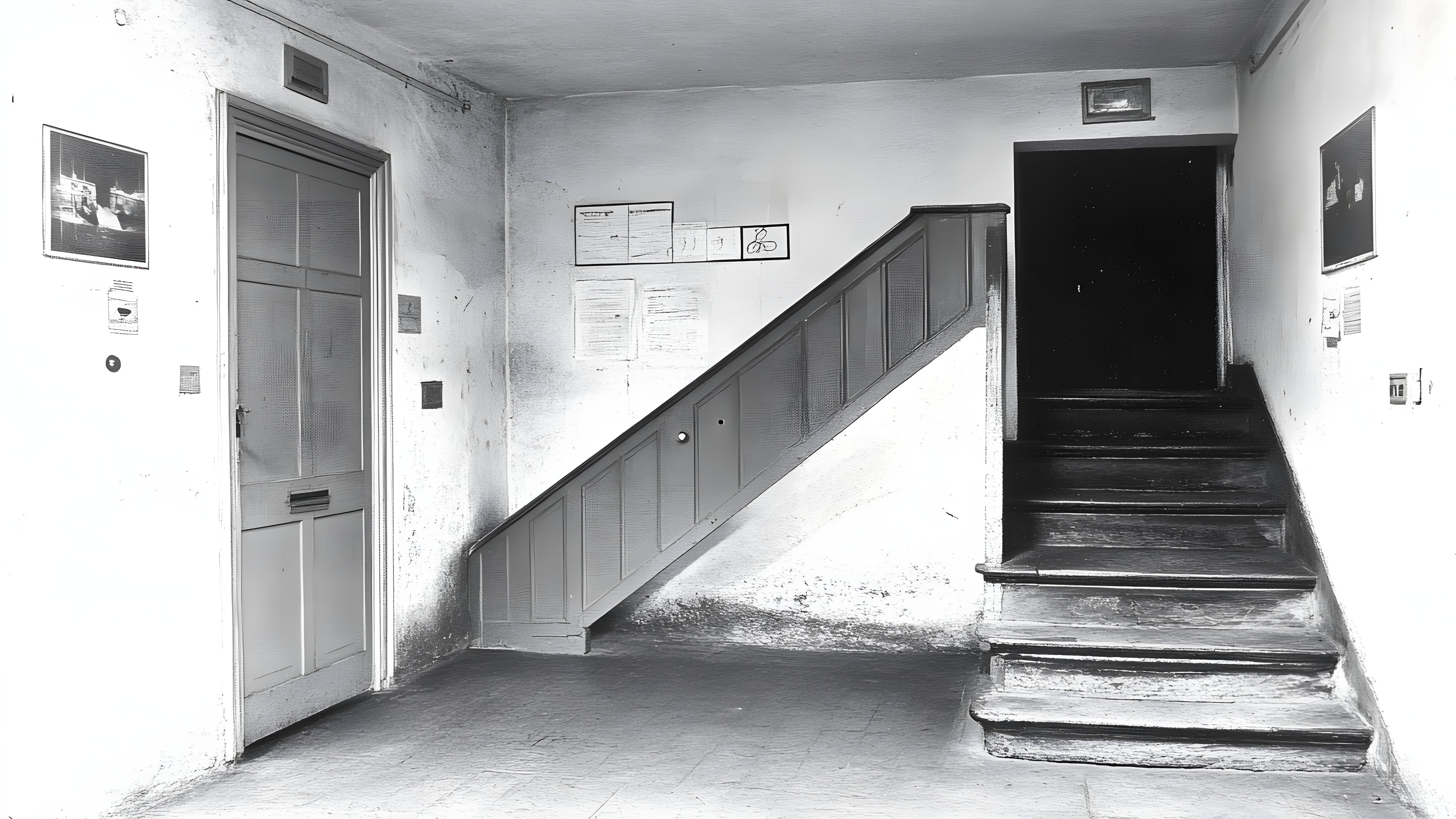 Photograph, Stairs, White, Wood, Door, Floor, Flooring, Monochrome photography, Monochrome, Grey, Black and white, Handrail, Home Door, Hardwood, Building material, Daylighting, Plaster, Still life photography, Plank