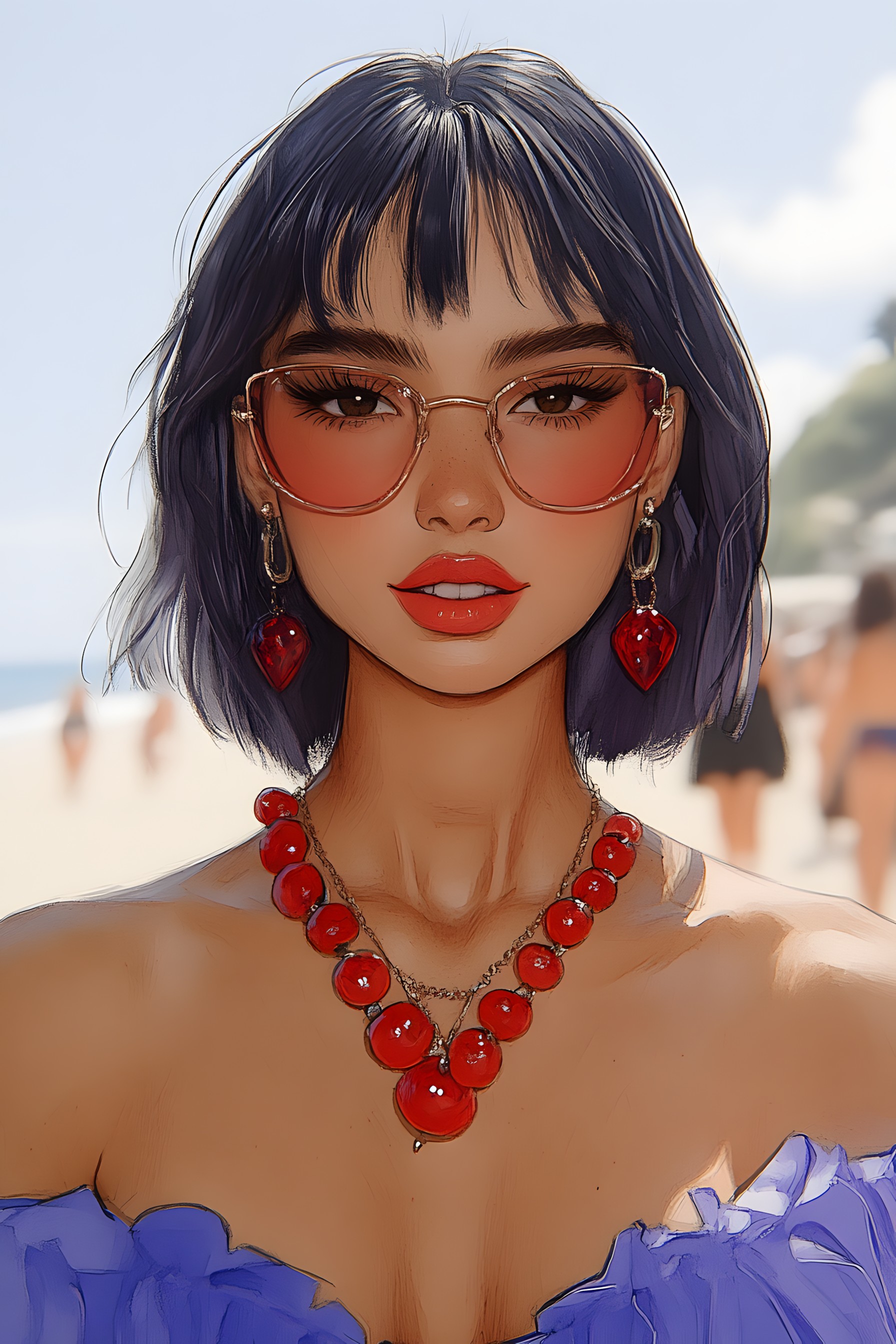 Lips, Mouth, Eye, Fashion, Black hair, Eyelash, CG artwork, Fashion illustration, Illustration, Long hair, Lipstick, Thorax, Necklace, Animation, Bangs, Portrait, Throat, Fashion Model, Headpiece, Animated cartoon