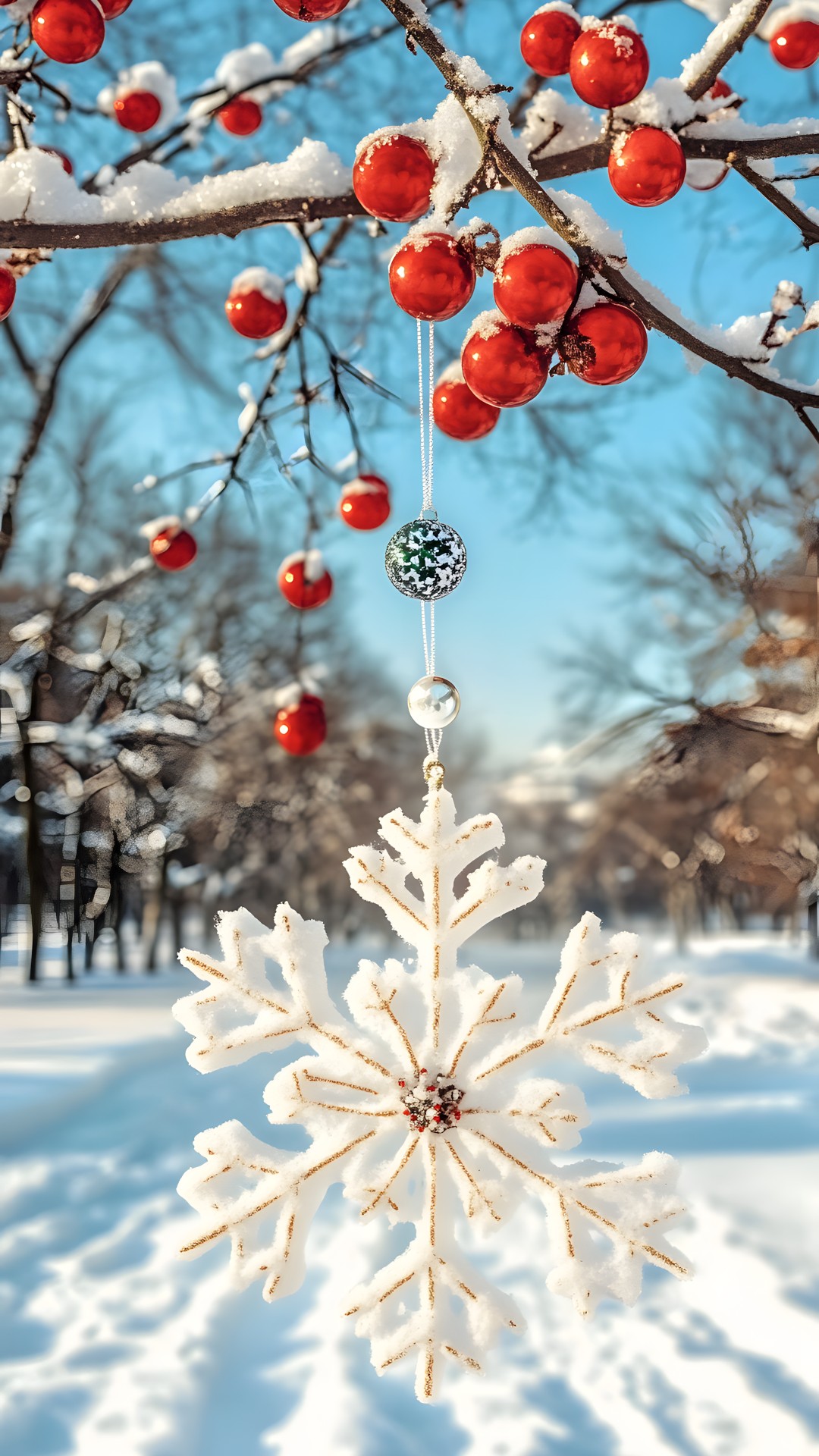 Branch, Winter, Twig, Christmas decoration, Ornament, Snowflake, Christmas ornament, Frost, Snow, Natural material, Christmas Day, Freezing, Holly, Pine family, Mountain-ash