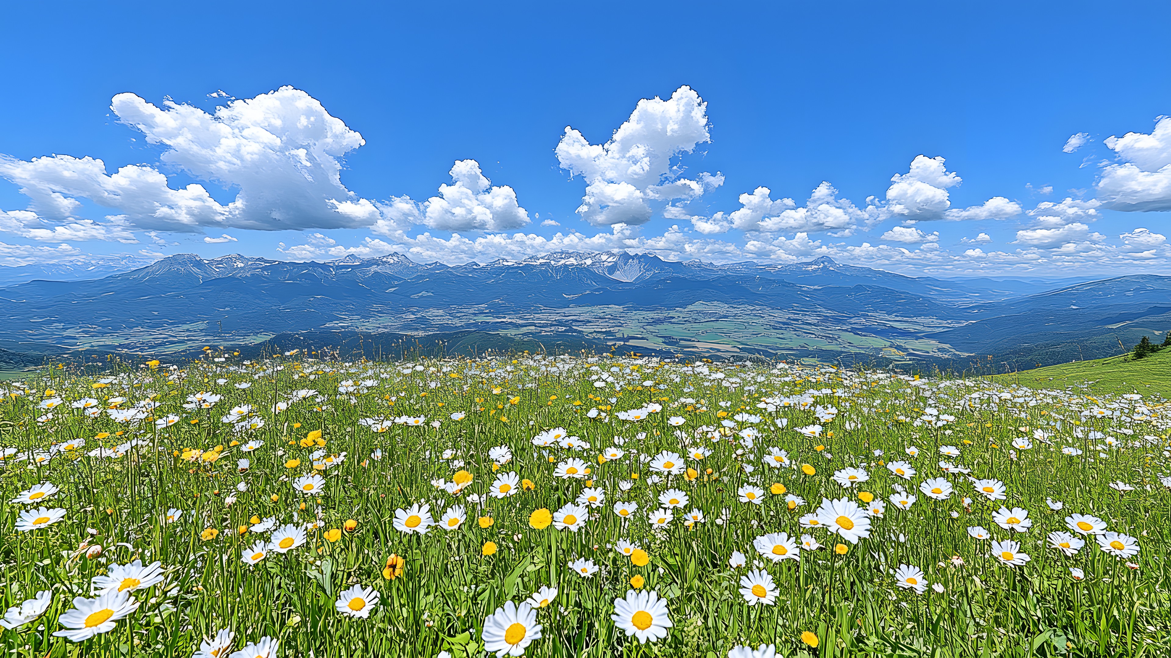 Flower, Green, Grassland, Meadow, Field, Spring, Mountain range, Prairie, Wildflower, Alps, Pasture, Herbaceous plant, Valley, Cumulus, Roman chamomile, Ridge, Bellis, Chamomile, Forb, Marguerite daisy