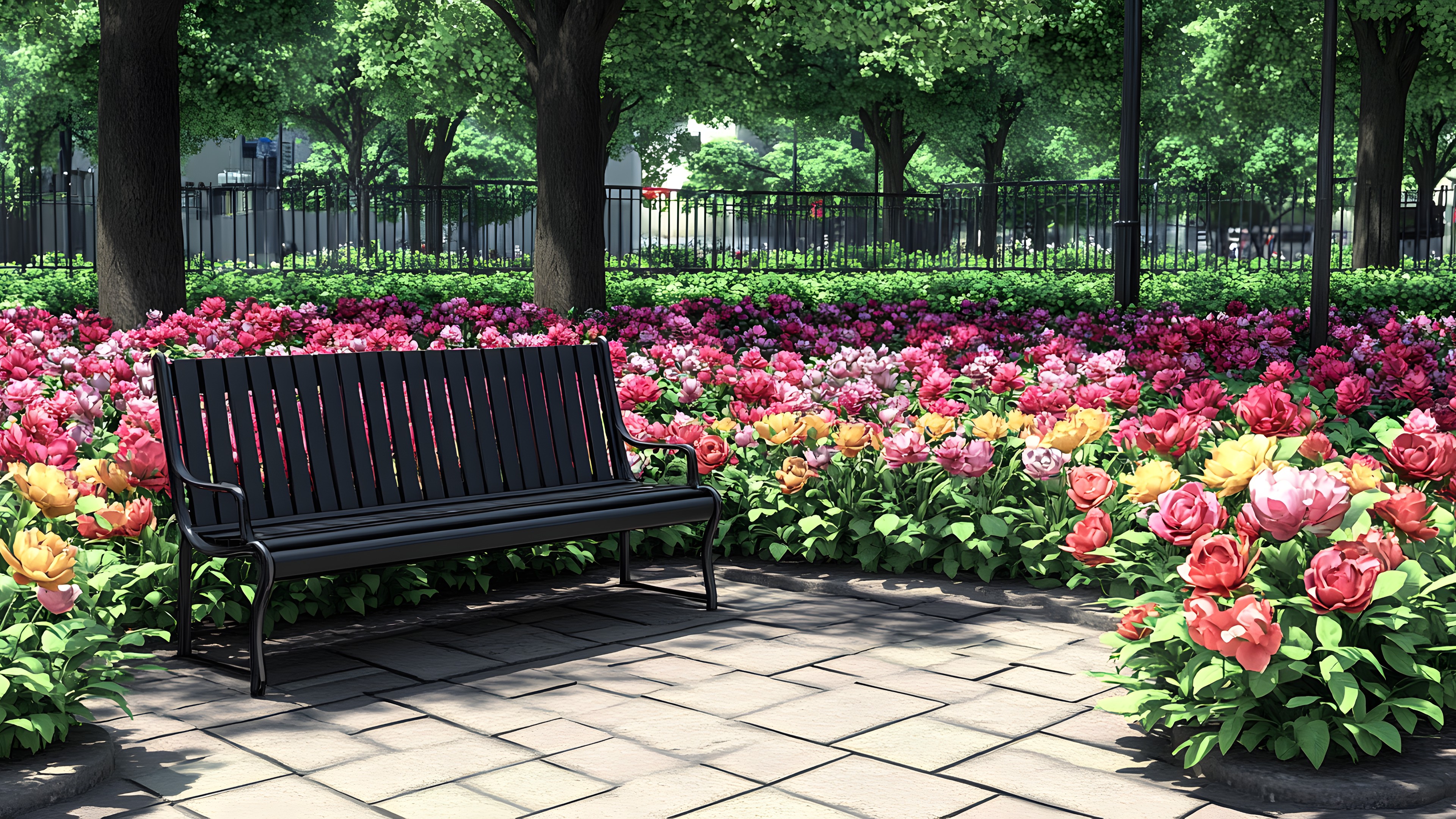 Flower, Outdoor Bench, Plants, Petal, Shrub, Garden, Bench, Pink, Outdoor furniture, Spring, Groundcover, Flowering plant, Landscaping, Floristry, Plant stem, Botanical garden, Park, Street furniture, Design, Tulip