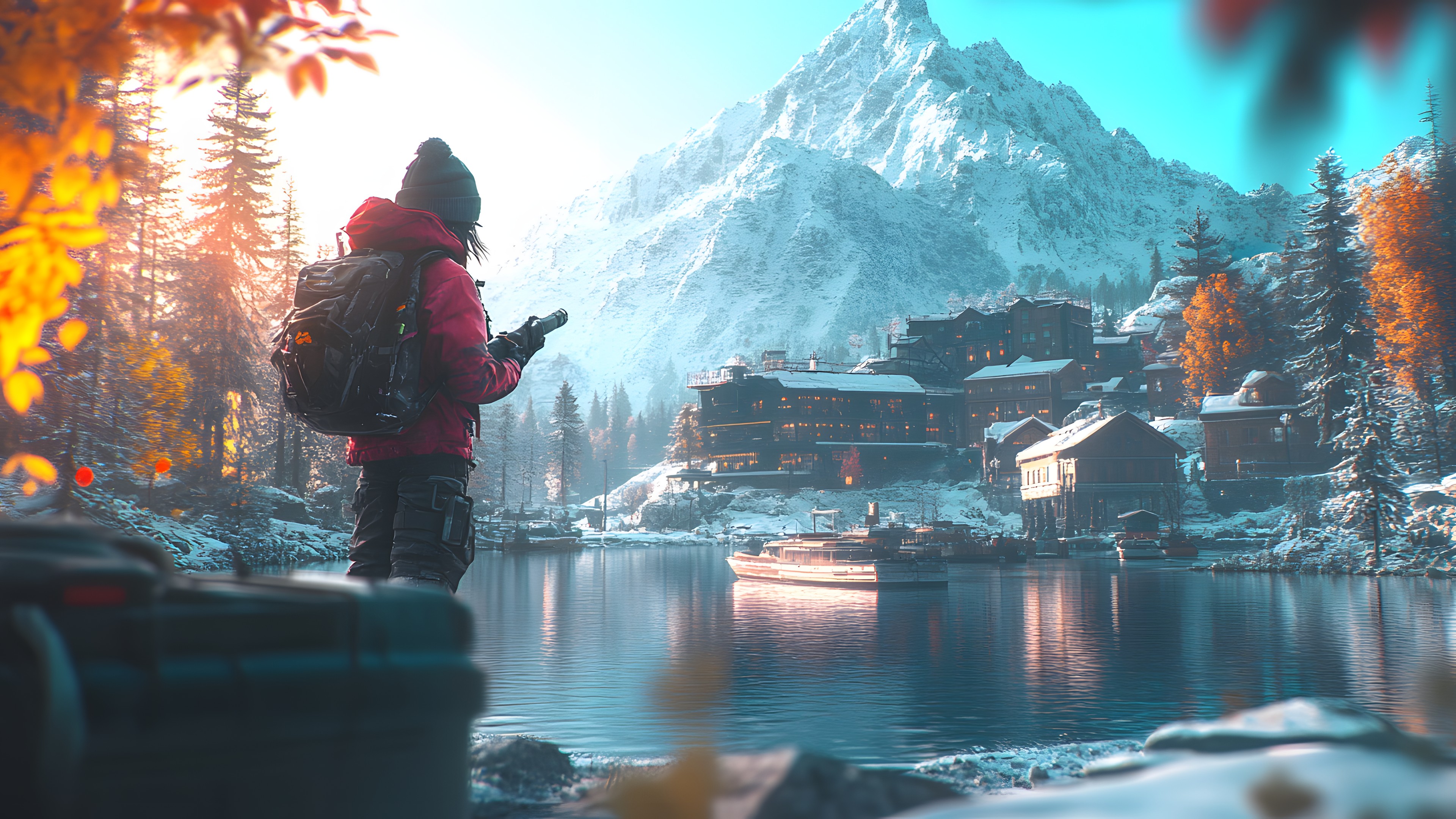 Mountainous landforms, Mountain, Winter, Mountain range, Hill station, Valley, Snow, Alps, Larch, Glacial landform, Travel, PC game, Mountain Village, Evening, Ridge, Freezing, Summit, Reflection, Adventure, Conifers