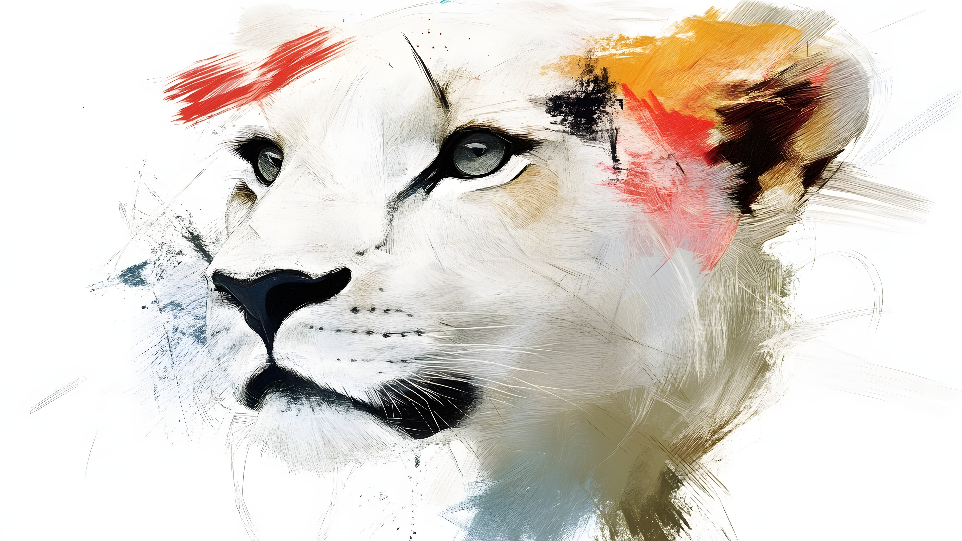 Felidae, Panthera, Snout, Carnivores, Terrestrial animal, Whiskers, Watercolor painting, Lion, Fur, Paint, Graphics, Graphic design, Modern art