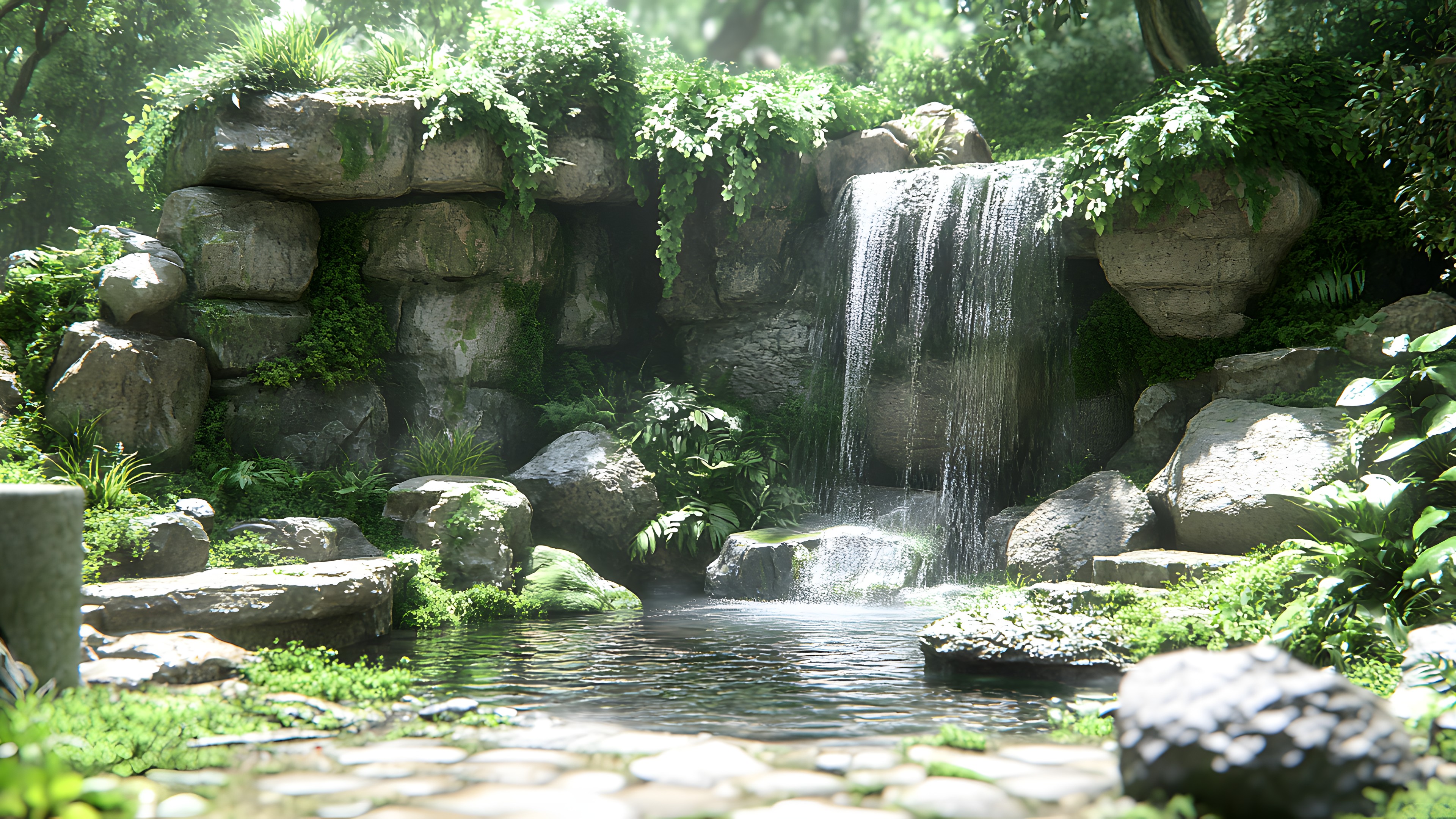 Water resources, Water, Body of water, Green, Rock, Nature, Natural environment, Natural landscape, Watercourse, Plants, Waterfall, Vegetation, Stream, Shrub, Landscape, Plant community, Garden, Water feature, Bryophyte, Nature reserve