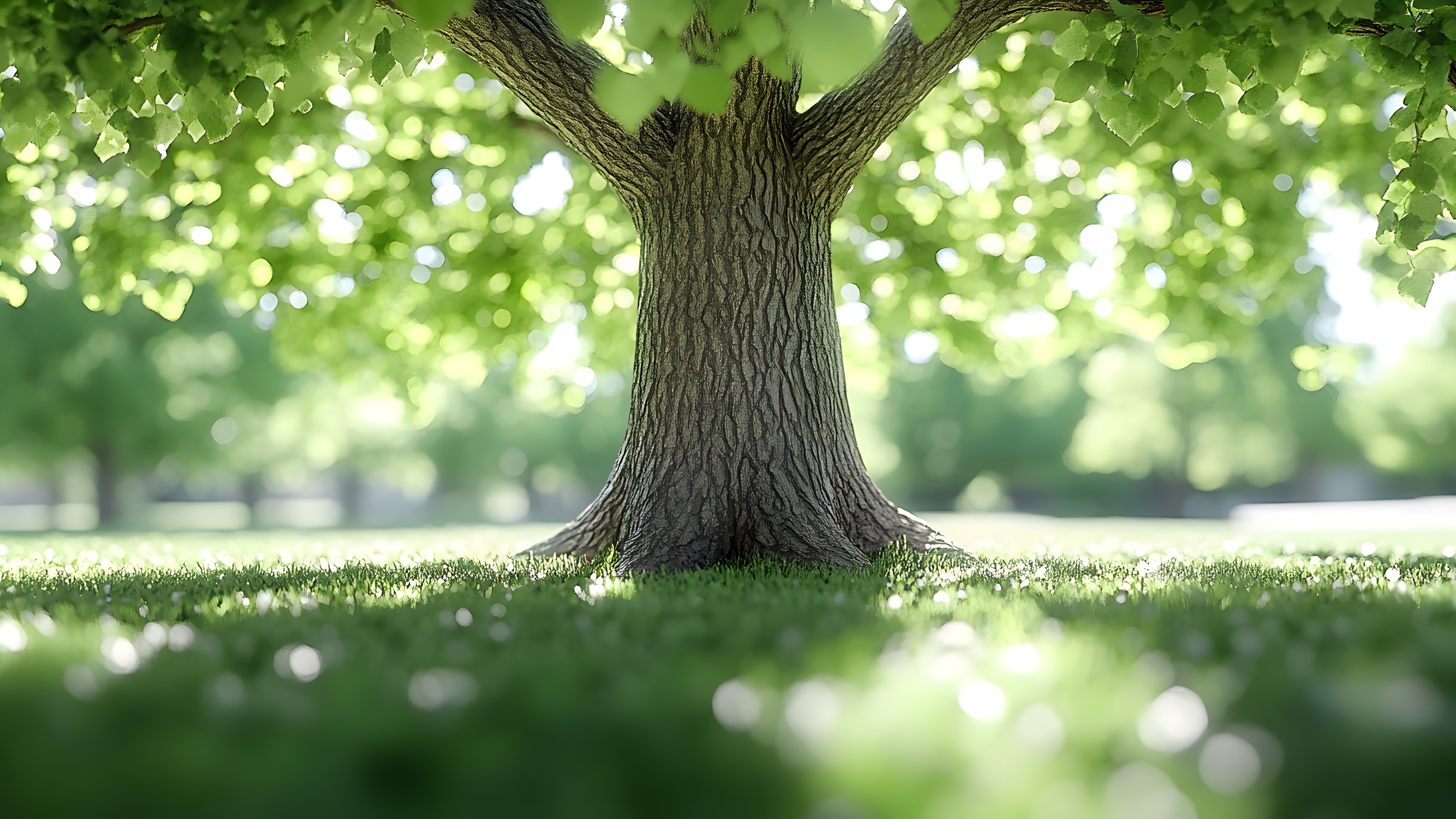 Green, Leaf, Grass, Branch, Trunk, Spring, Twig, Woody plant, Sunlight, Shade, Lawn, Park, Plantation