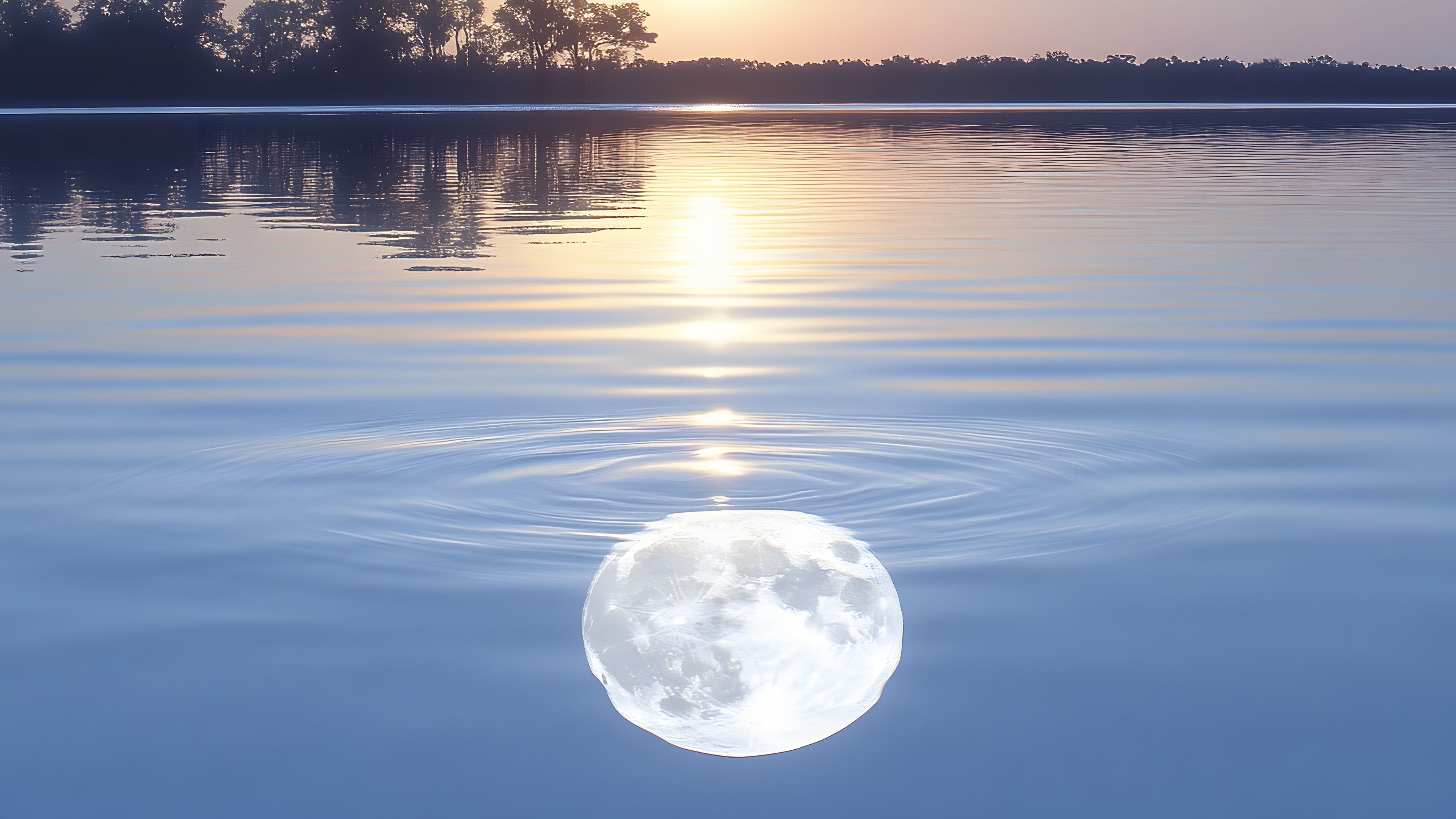 Water, Atmosphere, Daytime, Sky, Light, Liquid, Nature, Natural landscape, Fluid, Sunlight, Atmospheric phenomenon, Lake, Body of water, Astronomical object, Morning, Tree, Calm, Horizon, Reflection, Circle