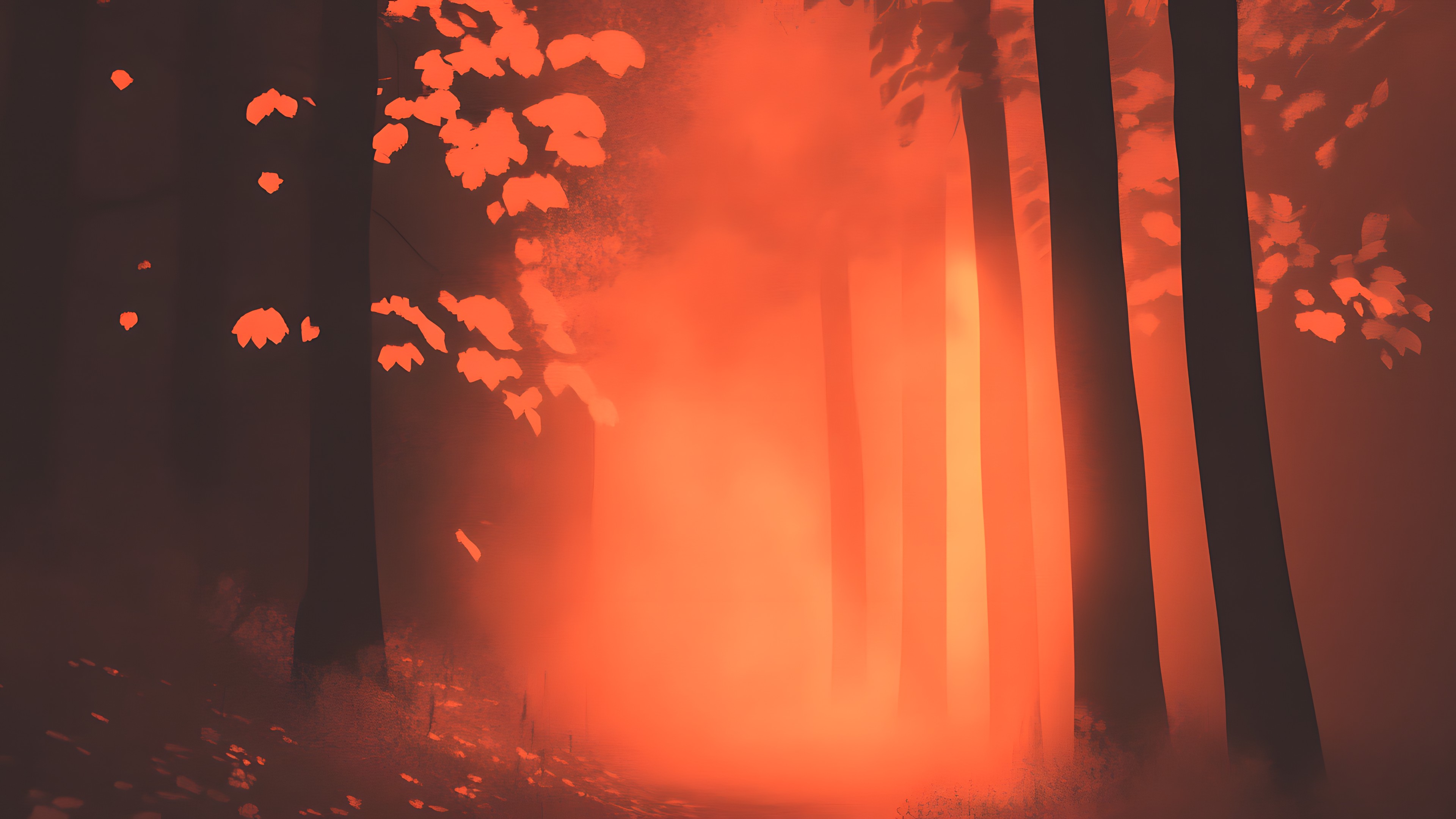 Orange, atmospheric phenomenon, Forest, Trunk, Heat, Darkness, Sunrise, Evening, Mist, Woodland, Night, Old-growth forest, Fog, Northern hardwood forest, Haze, Grove, Temperate broadleaf and mixed forest, Backlighting, Red sky at morning, Dawn