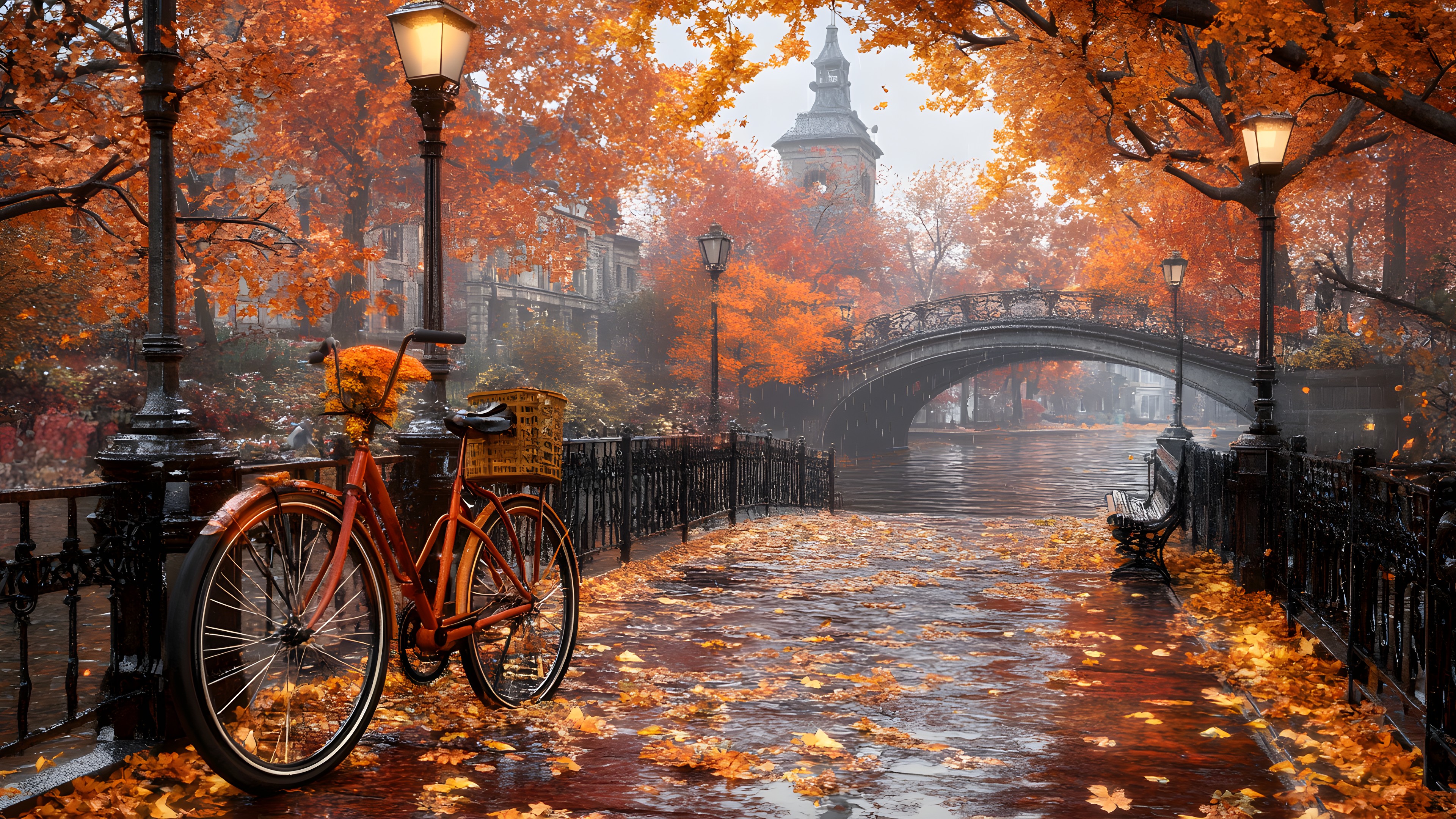 Water, Bridge, Autumn, Waterway, Canal, Watercourse, Orange, Reflection, Channel, River, Fluvial landforms of streams, Arch bridge, Stream, Bayou, Evening, Bicycle, Walkway, Bicycle tire