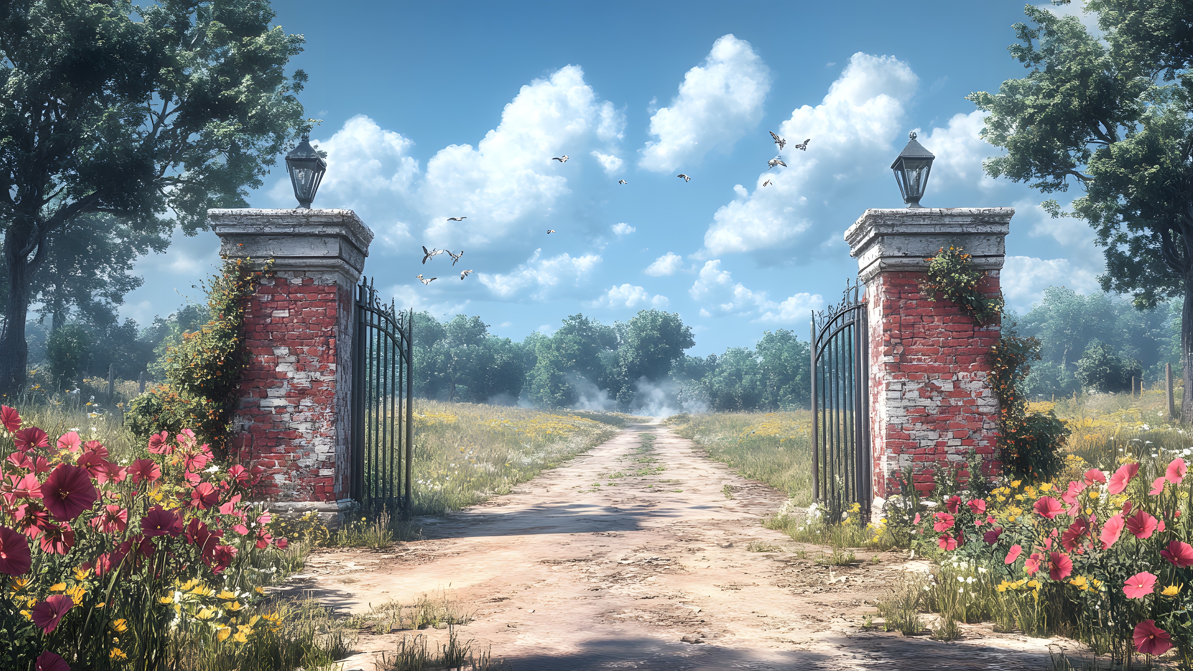 Plants, Morning, Trail, Meteorological phenomenon, Plantation, Cumulus, Dirt road, Walkway, Panorama, Path, Fence