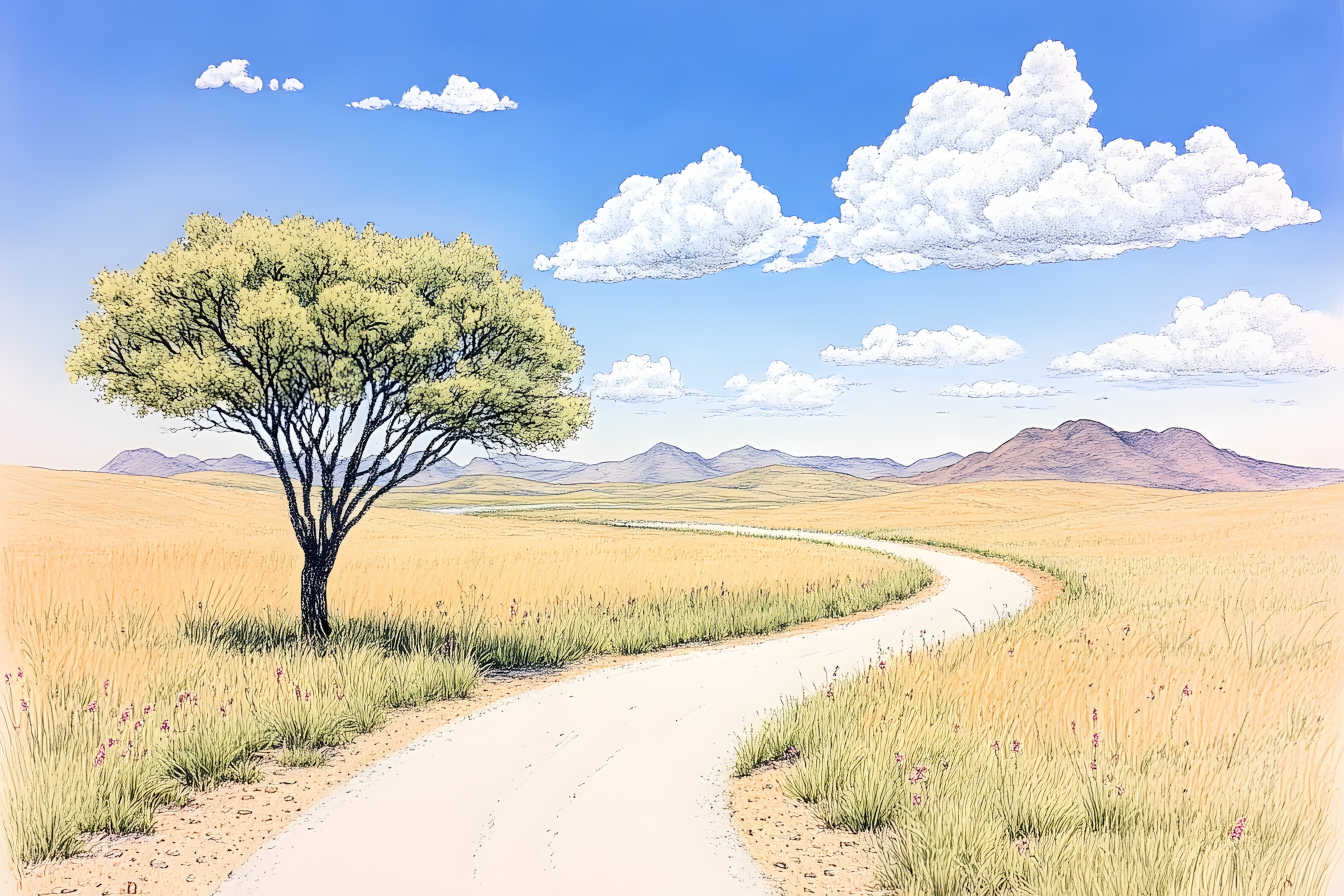 Ecoregion, Natural landscape, Landscape, Plain, Steppe, Savanna, Prairie, Field, Pasture, Shrubland, Dirt road, Trail, Watercolor painting, Desert, Walking