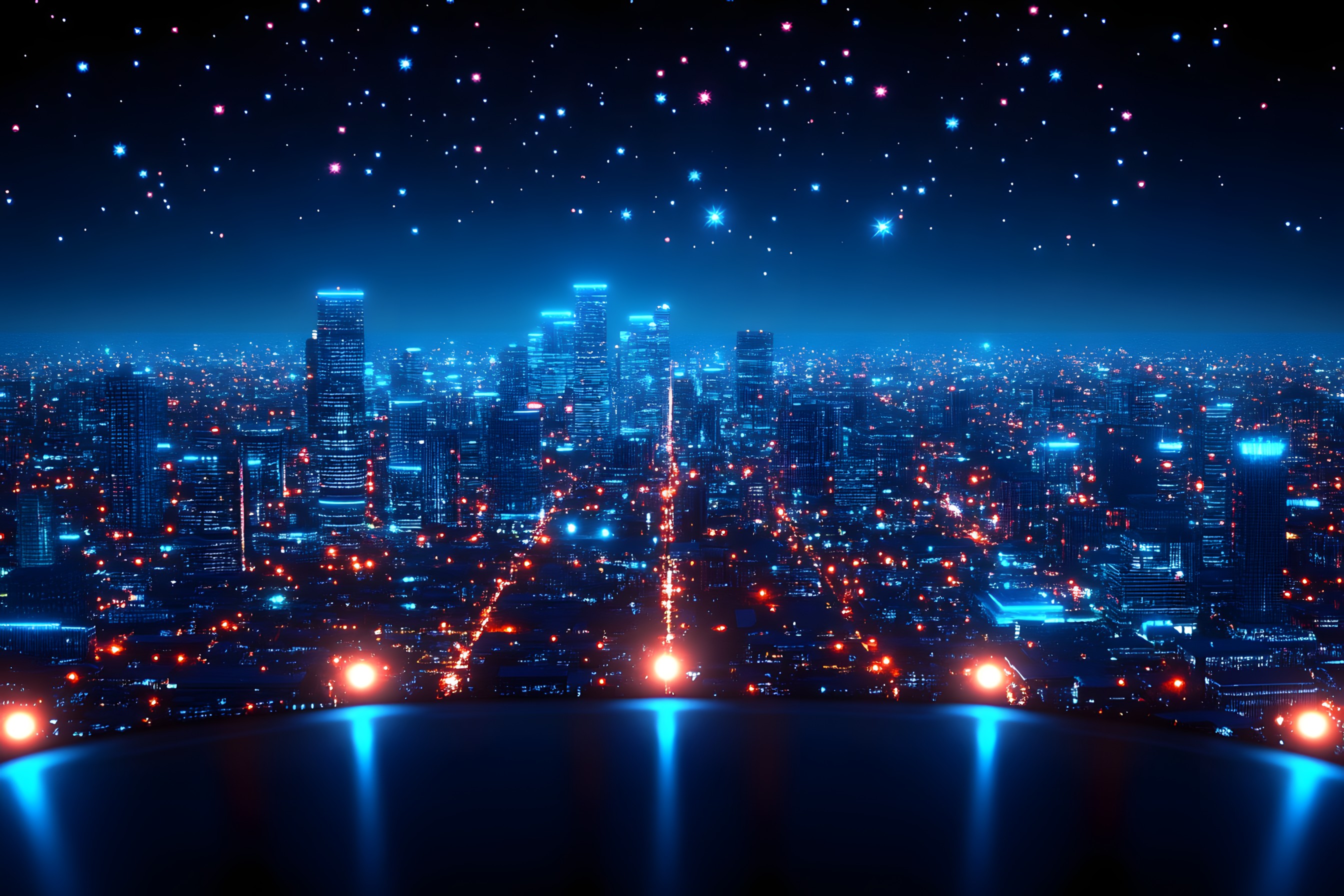 Blue, City, Night, Metropolitan area, Metropolis, Skyscraper, Cityscape, High-rise building, Electricity, Tower, Midnight, Skyline, Lens flare