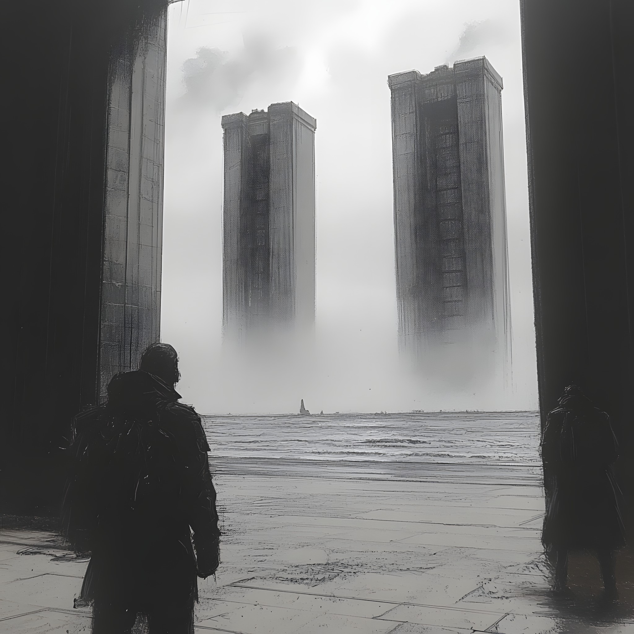 Monochrome photography, atmospheric phenomenon, Monochrome, Black and white, High-rise building, Tower, Mist, Fog, Haze, Skyscraper, Walking, Skyline, Cityscape