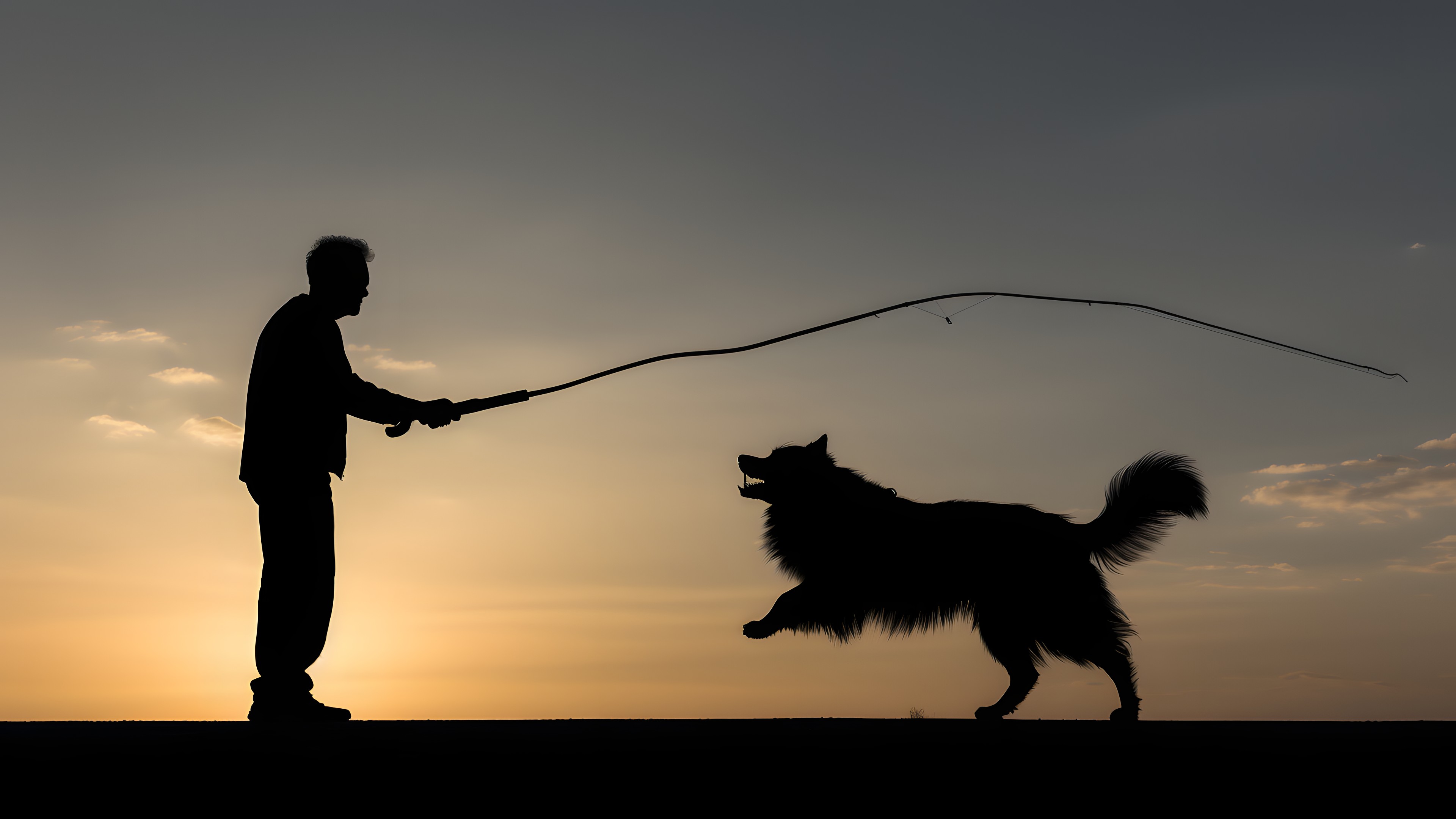 Sky, Dog, Dog breed, Carnivore, People in nature, Gesture, Happy, Companion dog, Cloud, Sporting Group, Canidae, Leash, Herding dog, Dog walking, Backlighting, Fun, Silhouette, Evening