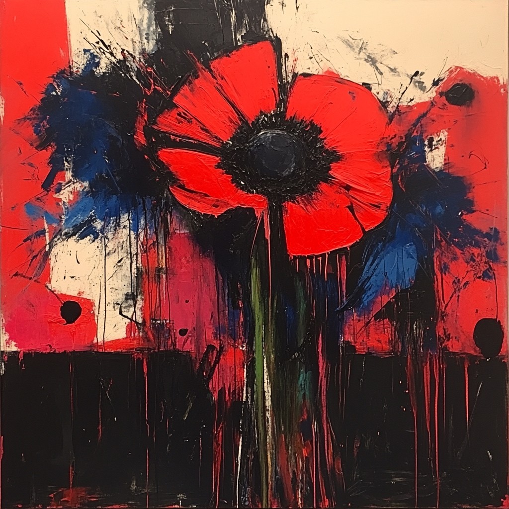 Red, Art, Art Paint, Visual arts, Paint, Painting, Watercolor painting, Modern art, Acrylic paint, Creative arts, Still life, Poppies, Still life photography, Common poppy, Geraniums