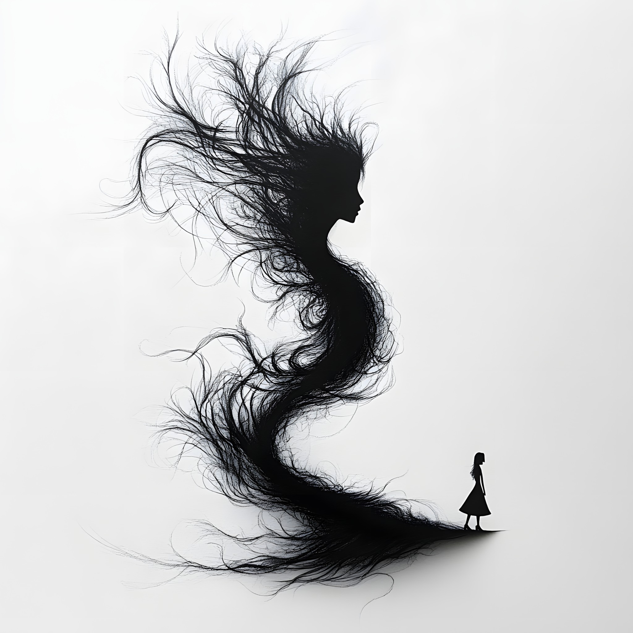 Monochrome photography, Black, Black and white, Monochrome, Long hair, Wind, Silhouette, Graphics, Sketch, Fictional character