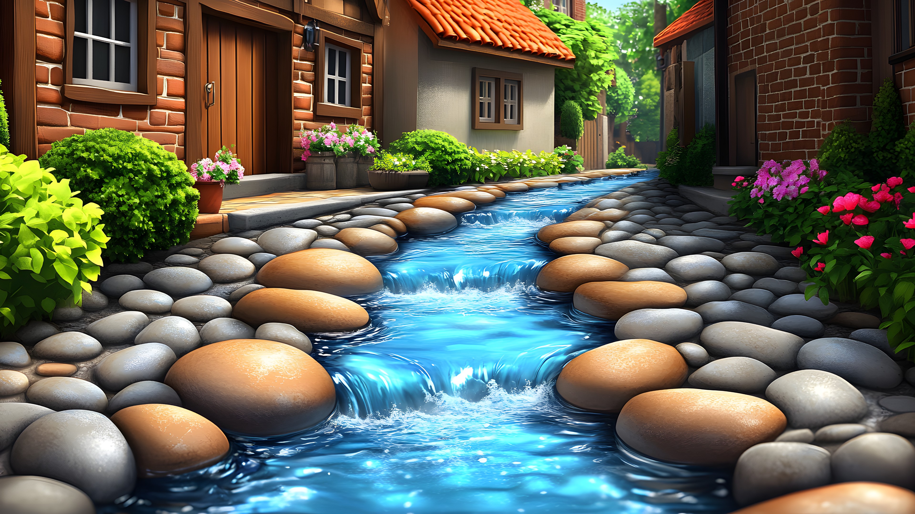Cobblestone, Garden, Pebble, Stream, Landscaping, Design, Walkway, Water feature, Animation