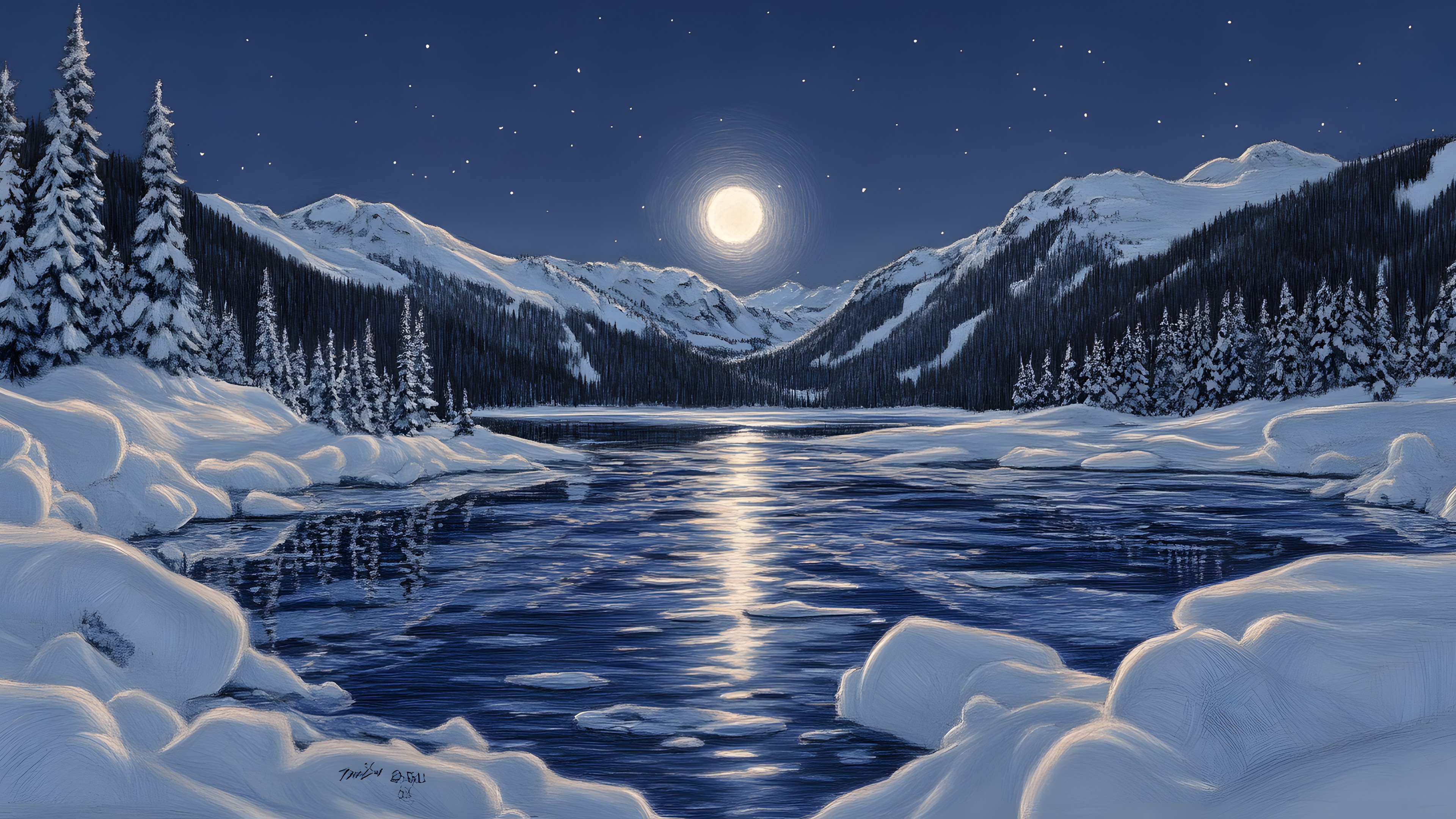 Winter, Snow, Astronomical object, Moon, Freezing, Wilderness, Glacial landform, Mountain range, Moonlight, Reflection, Ice, Glacier, Full moon, Mountain river, Celestial event, Ice cap, Valley, Alps, Larch, Arctic