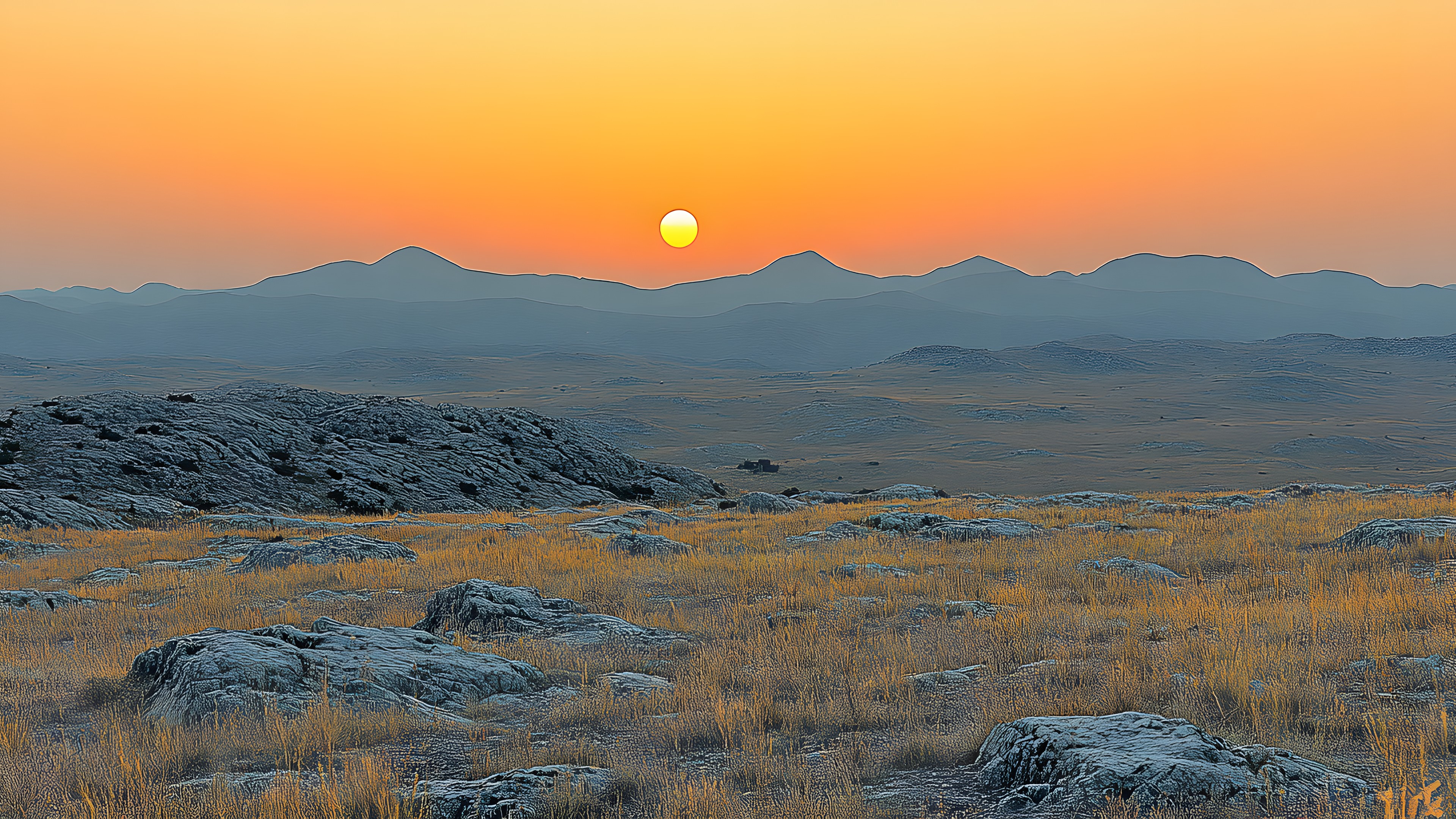 Sky, Mountainous landforms, Horizon, Ecoregion, Mountain, Natural landscape, Hill, Highland, Sunrise, Dusk, Landscape, Orange, Wilderness, Afterglow, Sunset, Terrain, Plant community, atmospheric phenomenon, Evening, Sun