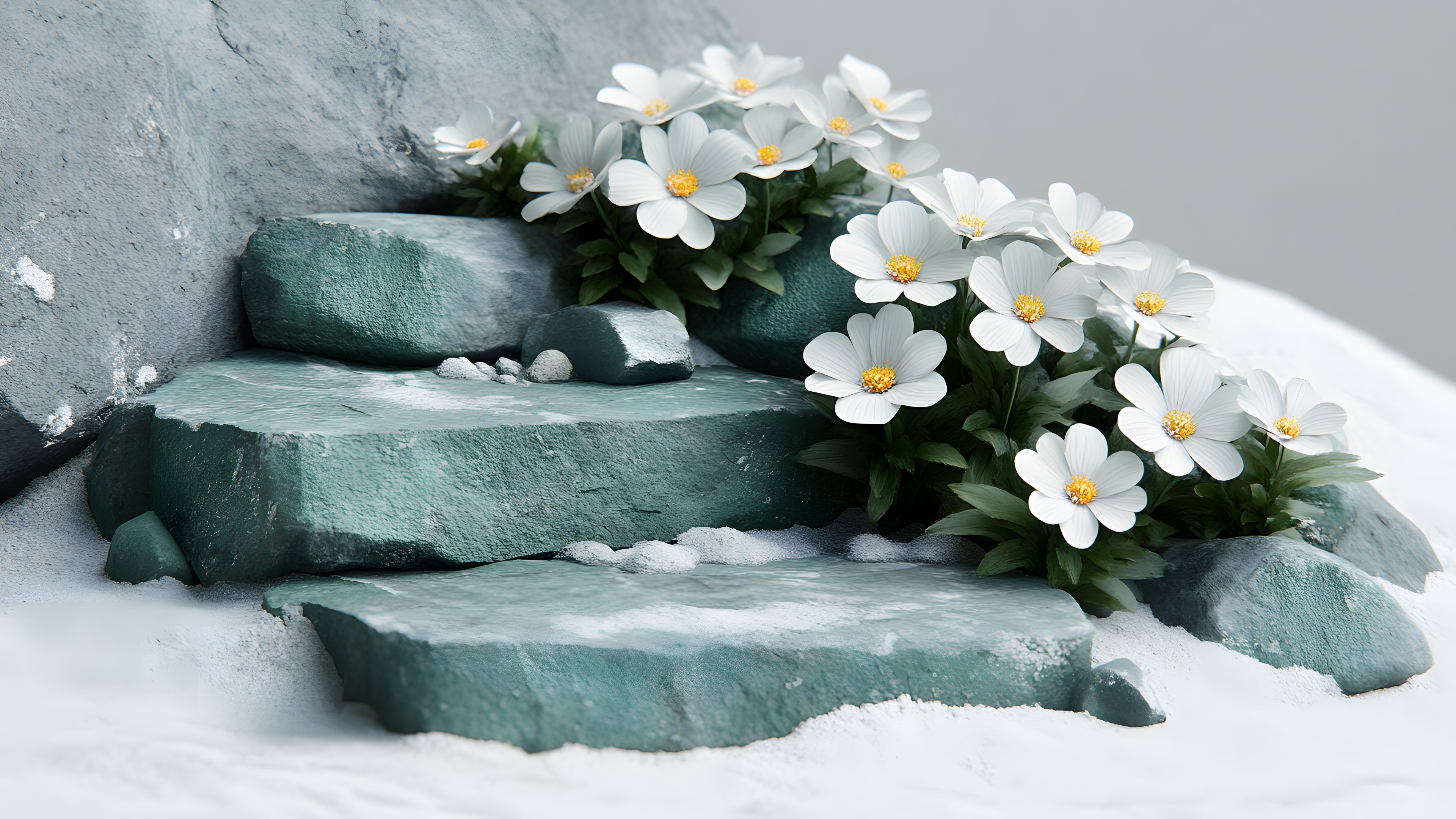 Flower, Rock, Petal, Winter, Pebble, Snow, Perennial plant, Freezing, Cornales, Jasmine, Touch-me-not