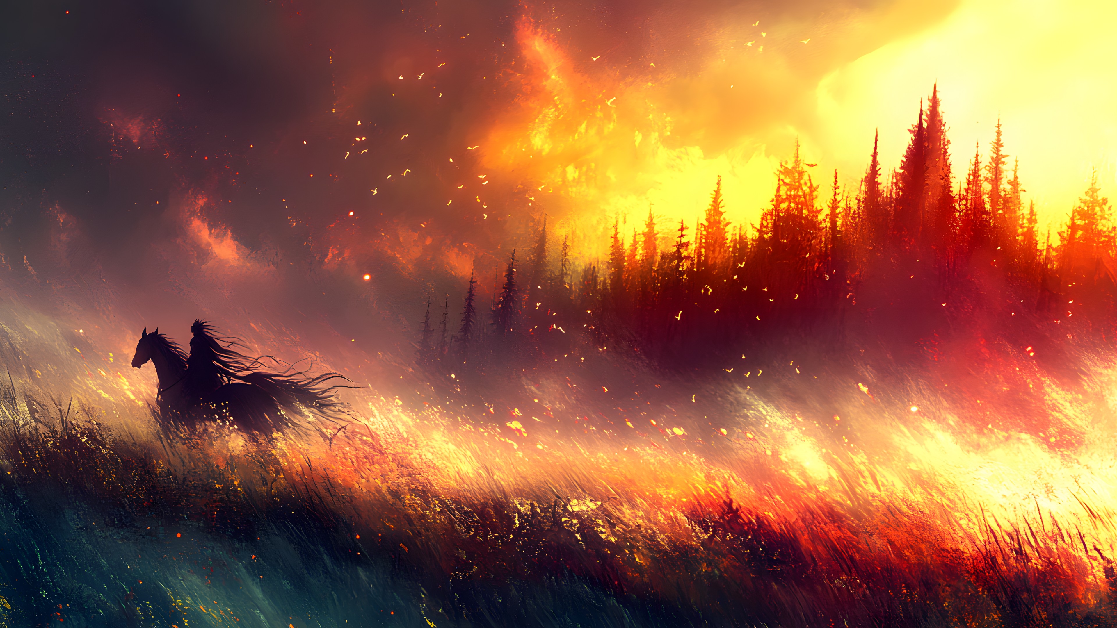 atmospheric phenomenon, Orange, Evening, Wind, Sunrise, Heat, CG artwork, Dawn, Wildfire, Red sky at morning, Horse, Meteorological phenomenon, Sunset, Graphics, Watercolor painting, Dusk