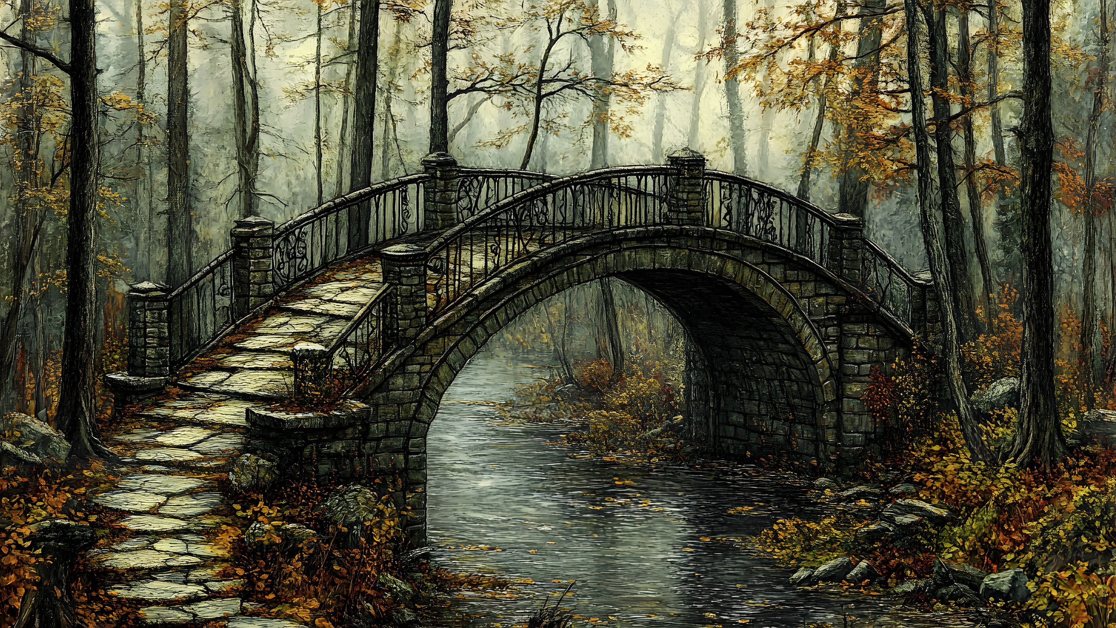 Bridge, Arch bridge, Arch, Devil's Bridge, Humpback bridge, List of nonbuilding structure types, Stream, Woodland, Watercolor painting, Canal, Autumn, Aqueduct, Bayou, Creek, Modern art, Acrylic paint
