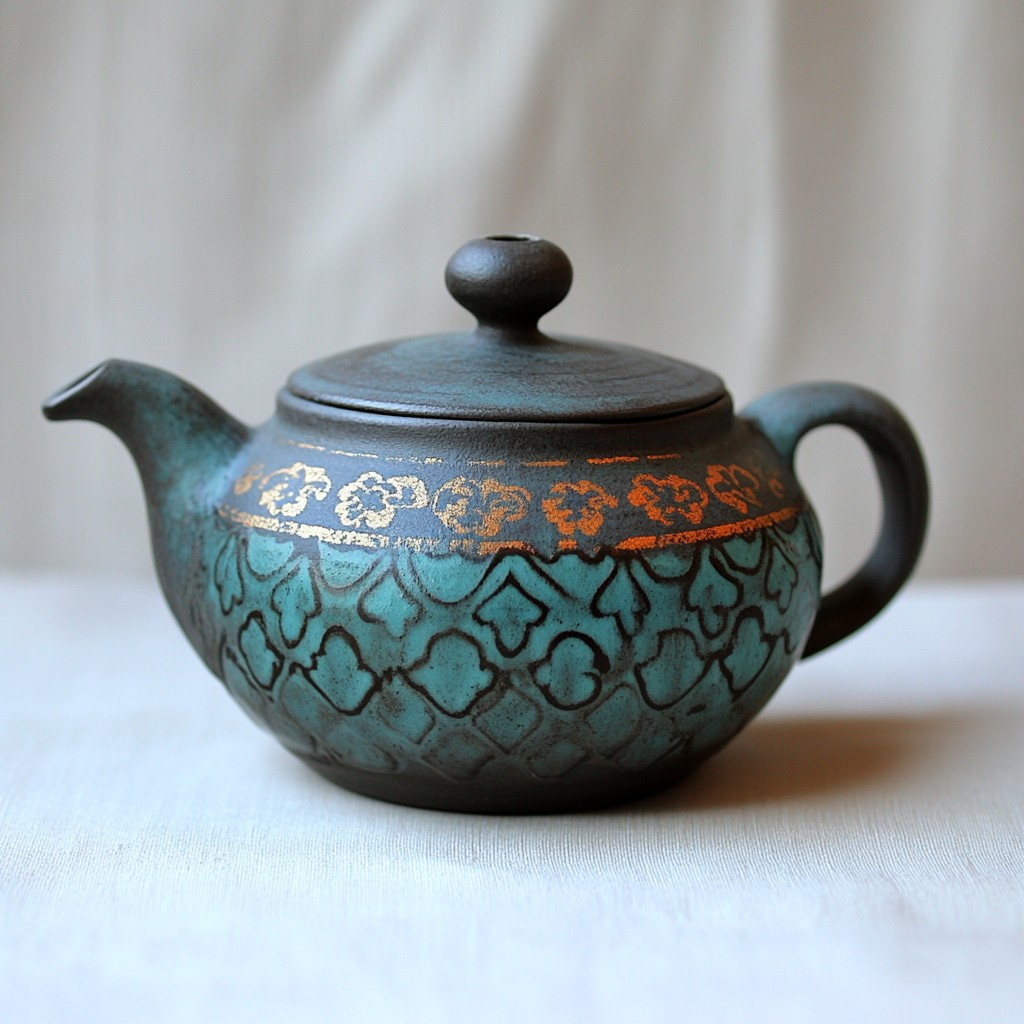 Teapot, Ceramic, Lid, Pottery, Creative arts, Serveware, Porcelain, Stoneware, Natural material, Antique, Still life photography, Craft, Motif, Kettle